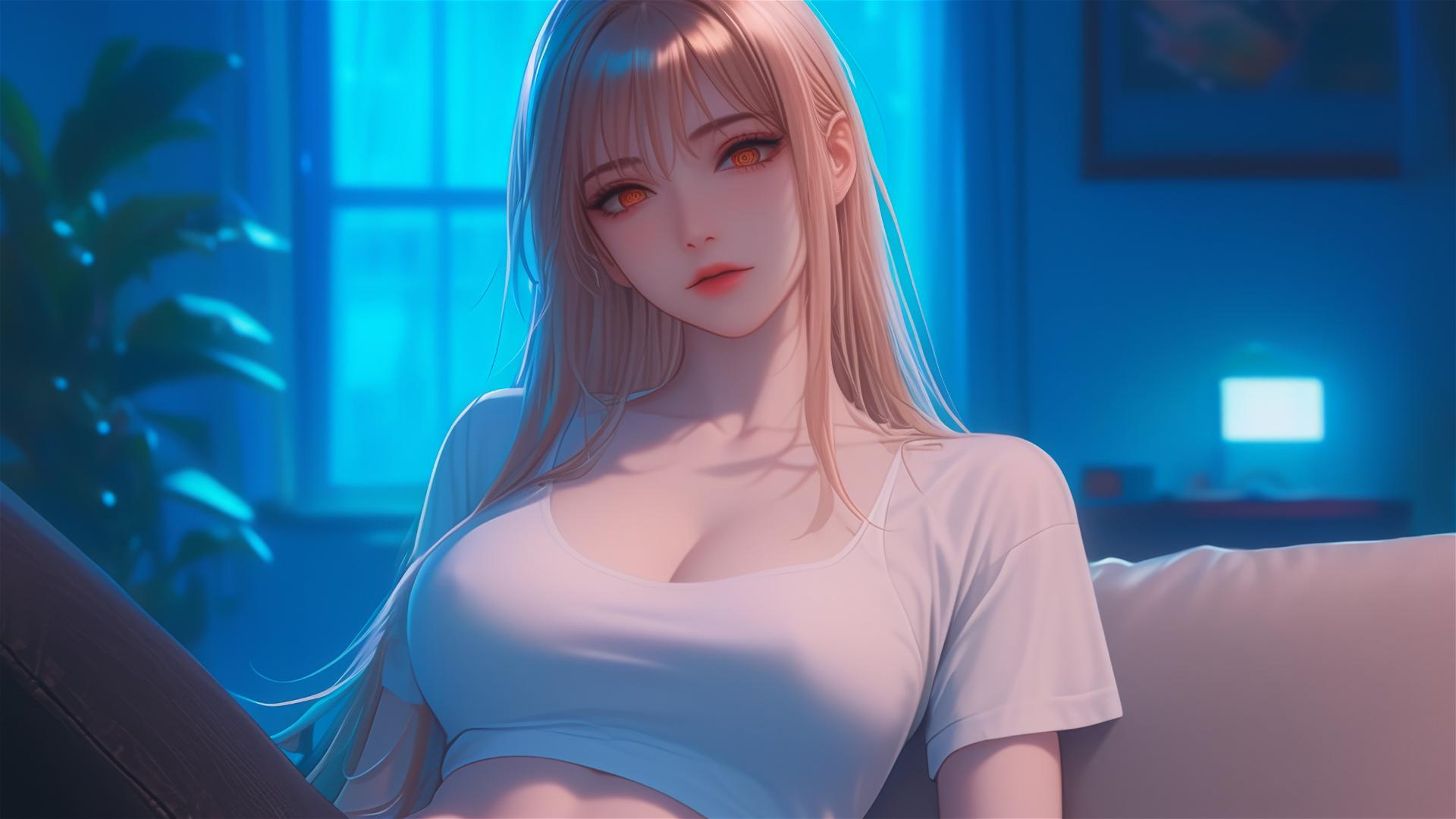 Makima from Chainsaw Man resting at apartment under the moon light