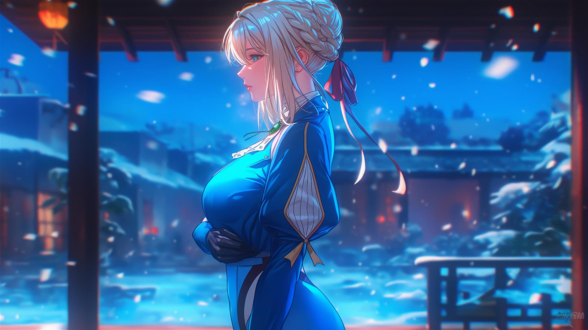 Violet Evergarden standing leisurely at her house under the soft glow of moonlight