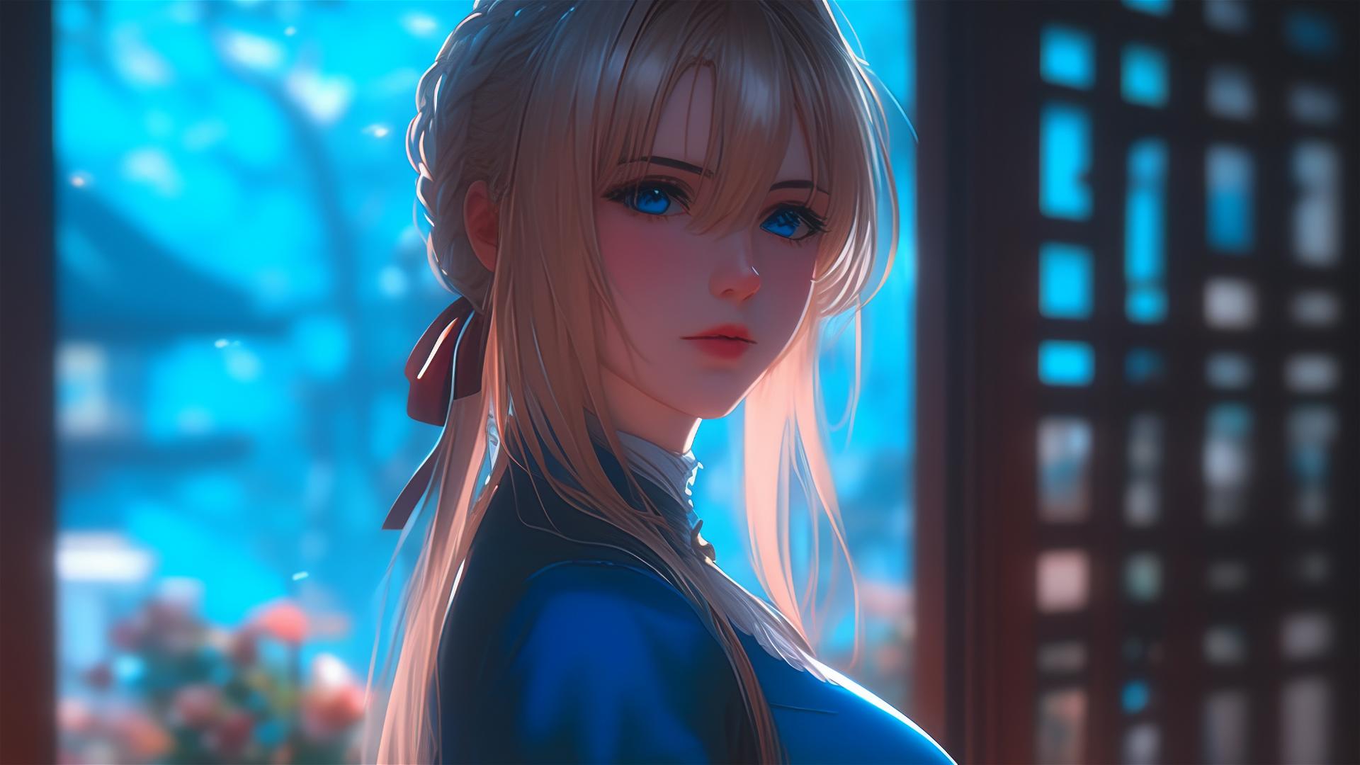 Violet Evergarden standing at her house in moonlight
