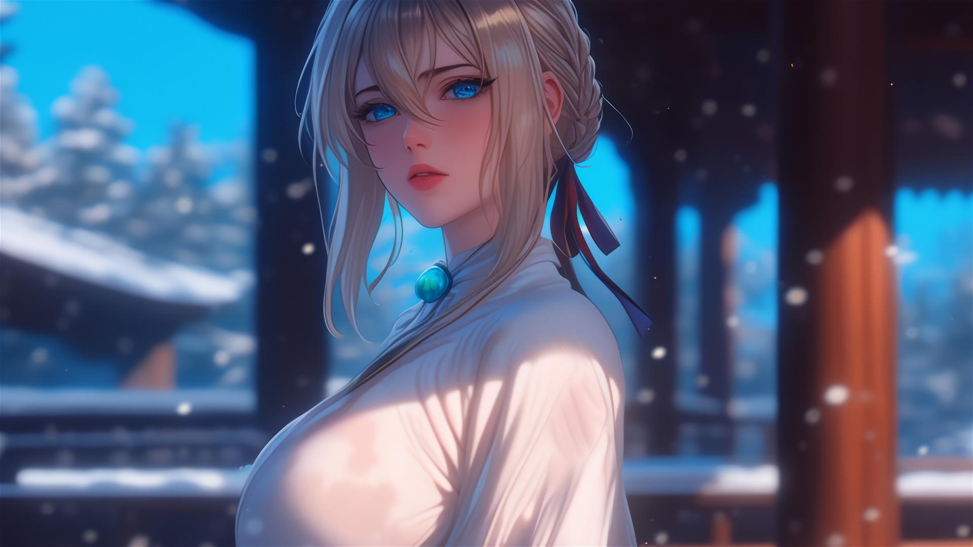 Violet Evergarden standing leisurely at her house under the moonlight
