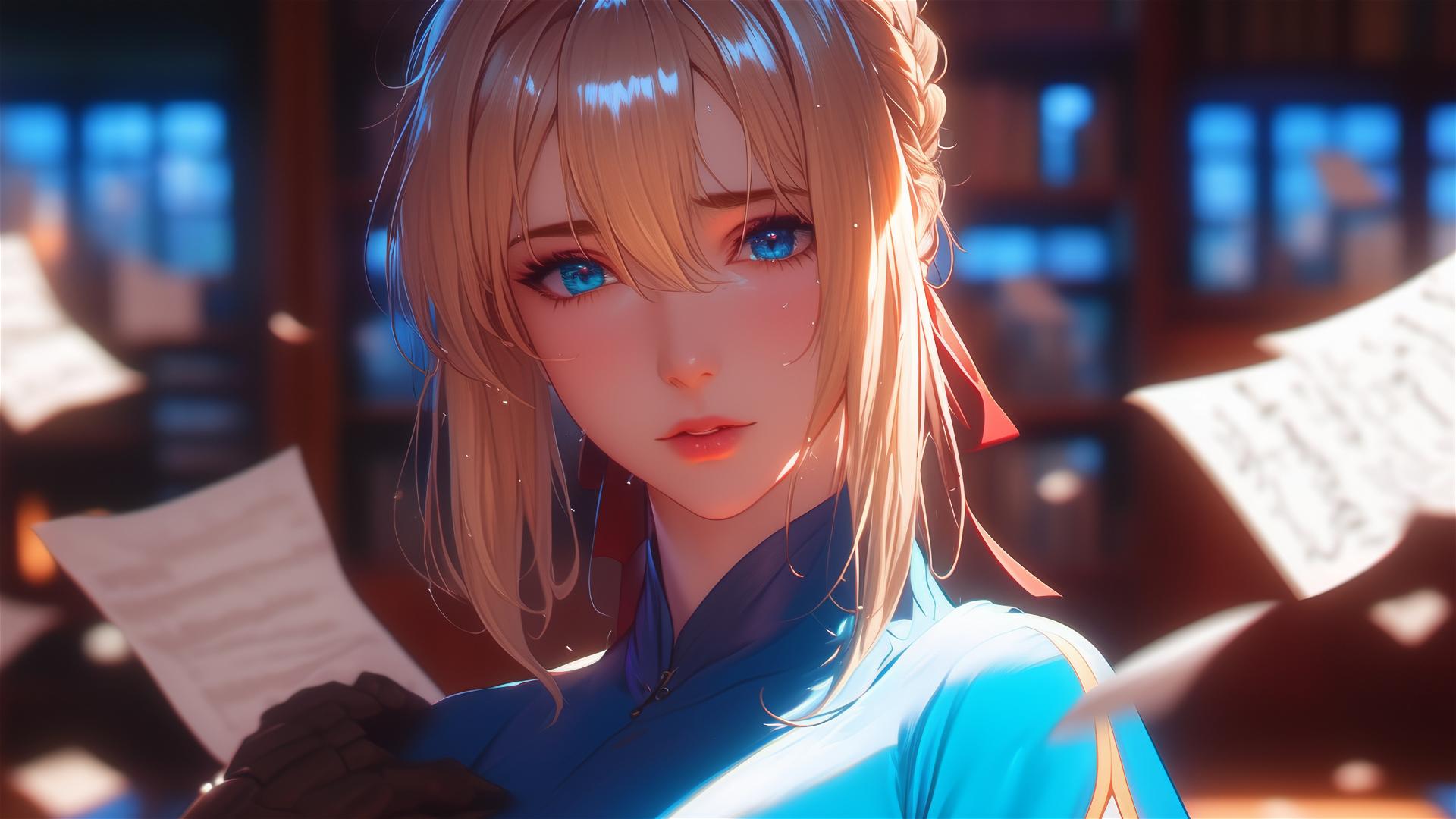 Violet Evergarden resting in apartment with moonlight