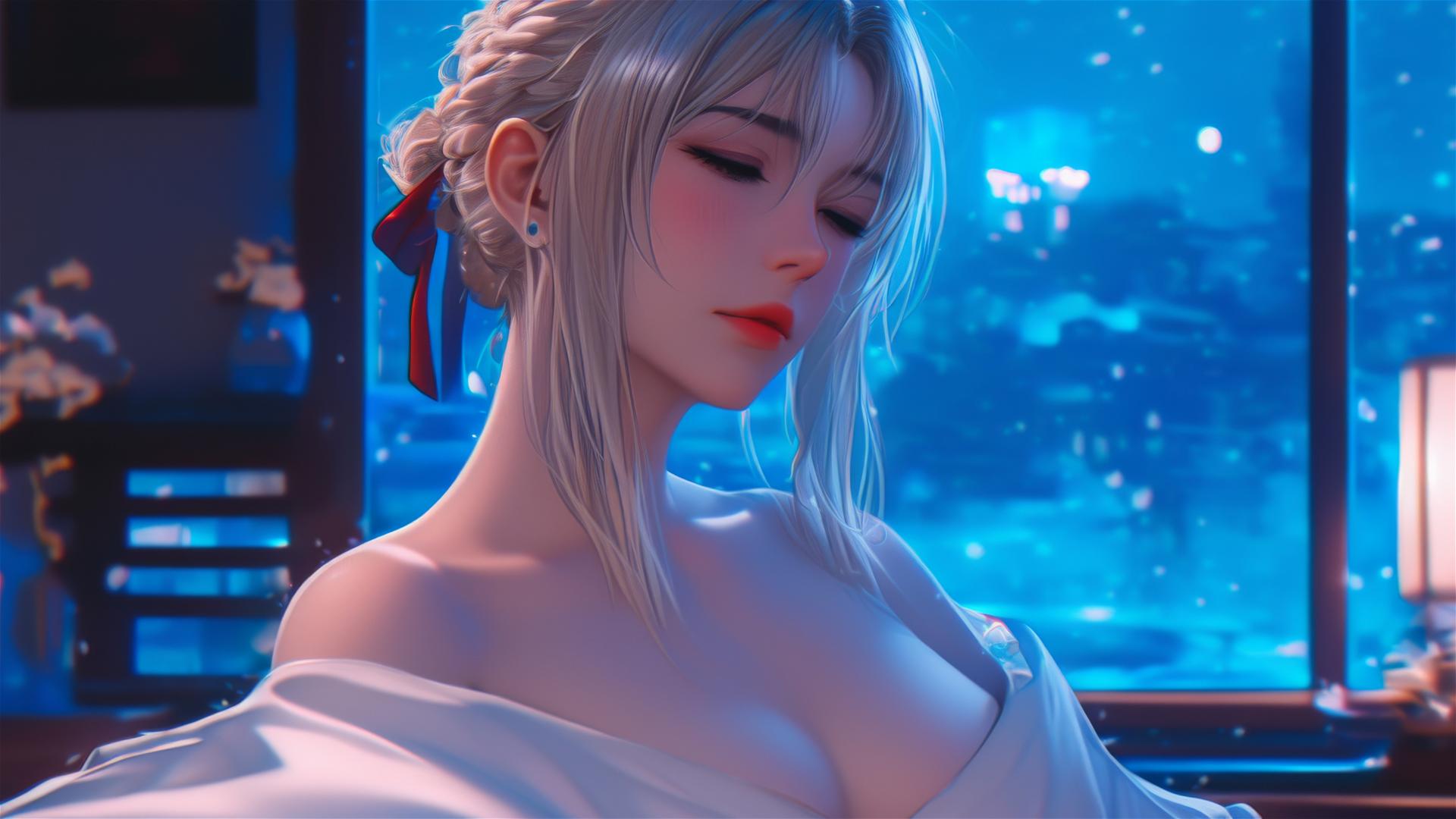 Violet Evergarden resting in an apartment under soft moonlight