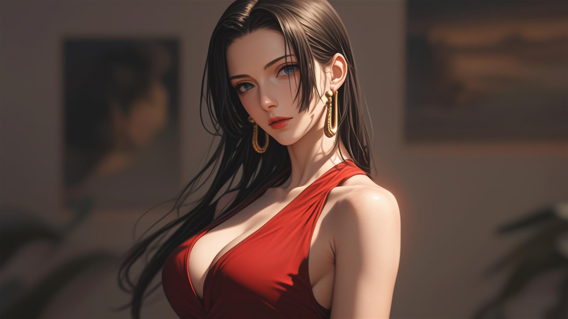 Boa Hancock from One Piece wandering in an art gallery, softened by gallery lights