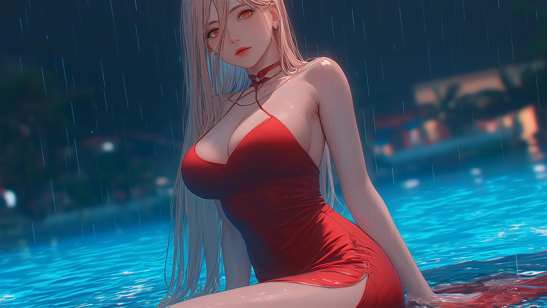 Power from Chainsaw Man resting at rainy pool, thigh focus, light red horns, yellow eyes in red dress