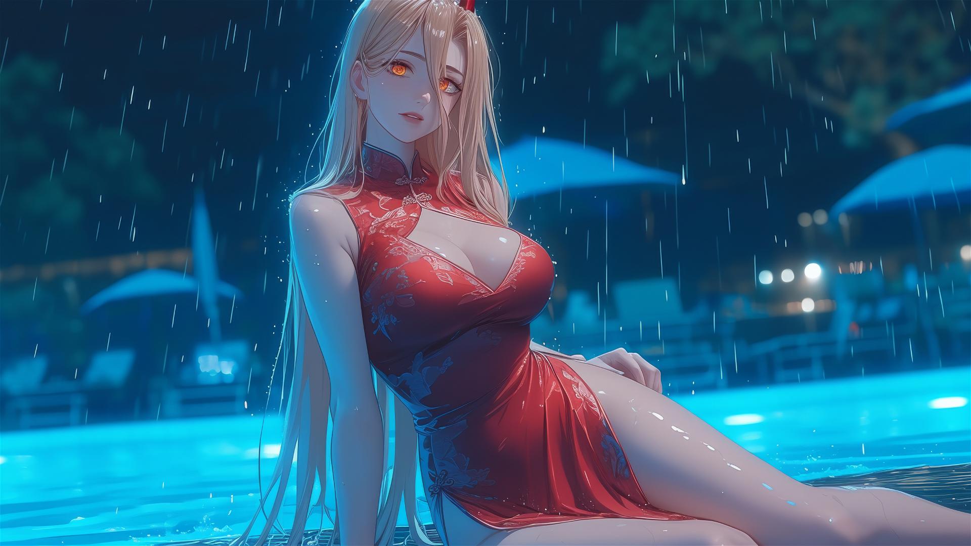 Power from Chainsaw Man resting at rainy pool with blonde hair and red horns.