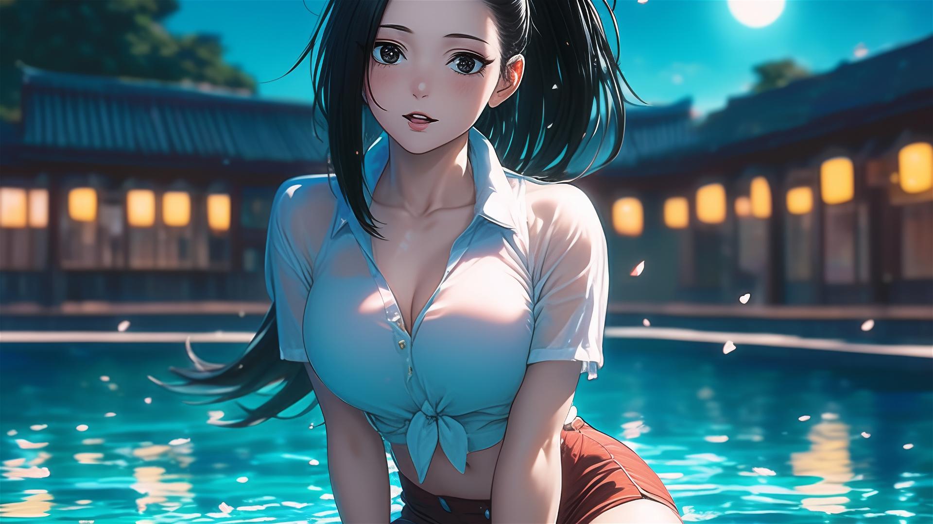 Momo Yaoyorozu from My Hero Academia by the swimming pool under moonlight