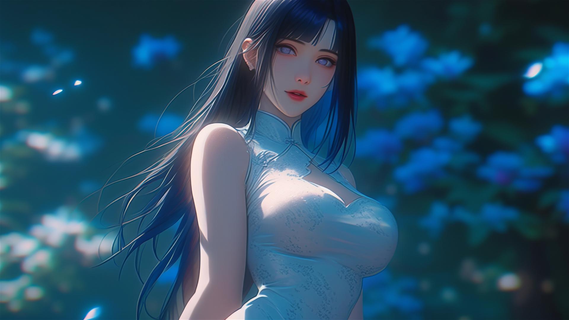 Hinata Hyuga walking in a sunlit blooming garden