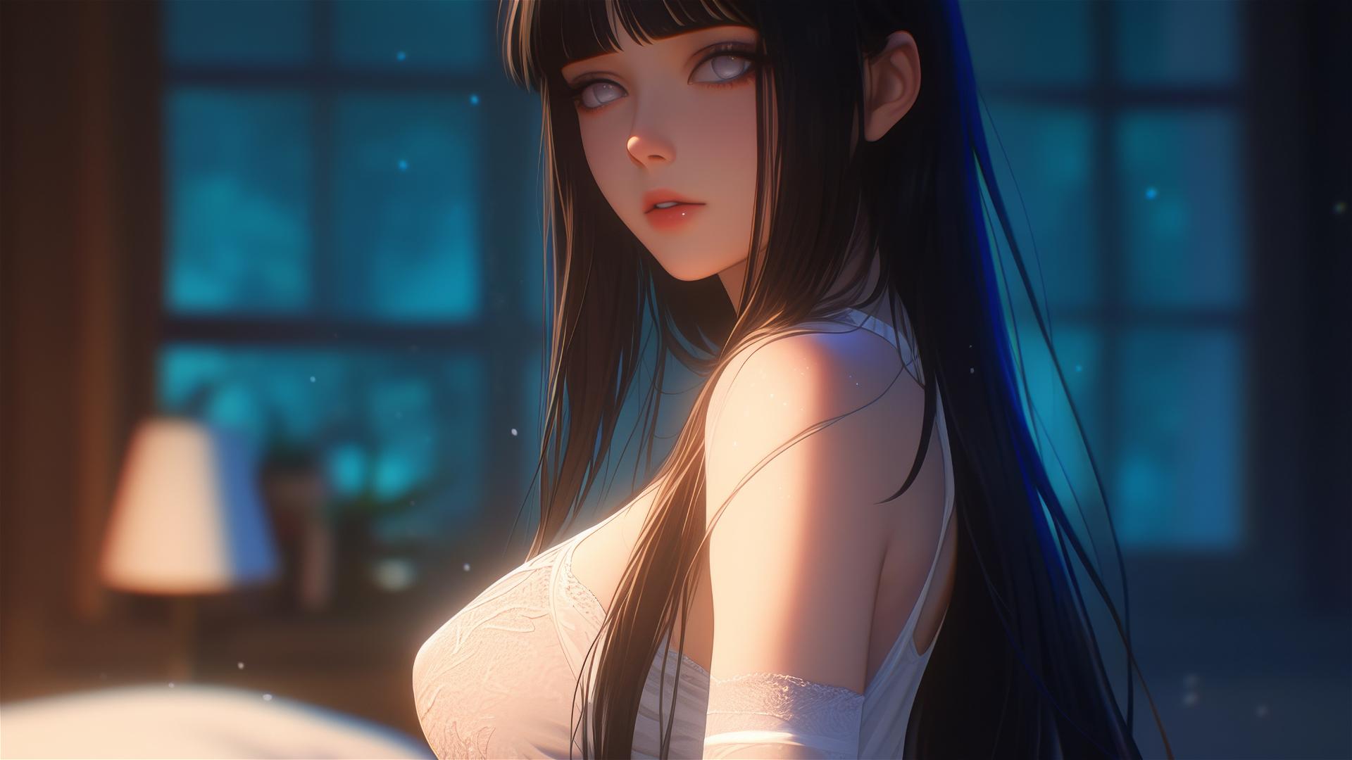 Hinata Hyuga from Naruto, leisurely wandering at home with sunlight casting a soft glow on her figure