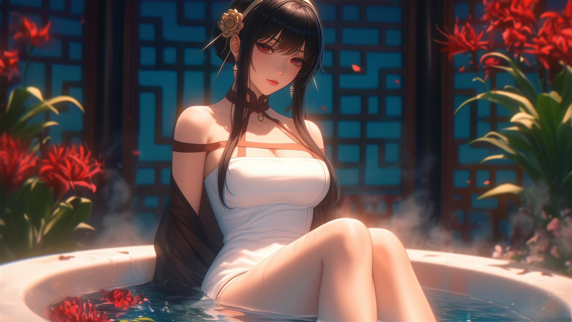 Yor Forger in tub of flowers at Chinese spa