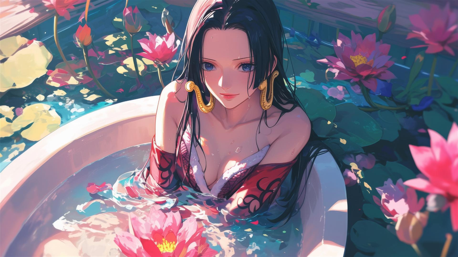 Boa Hancock in tub full of flowers at Chinese spa