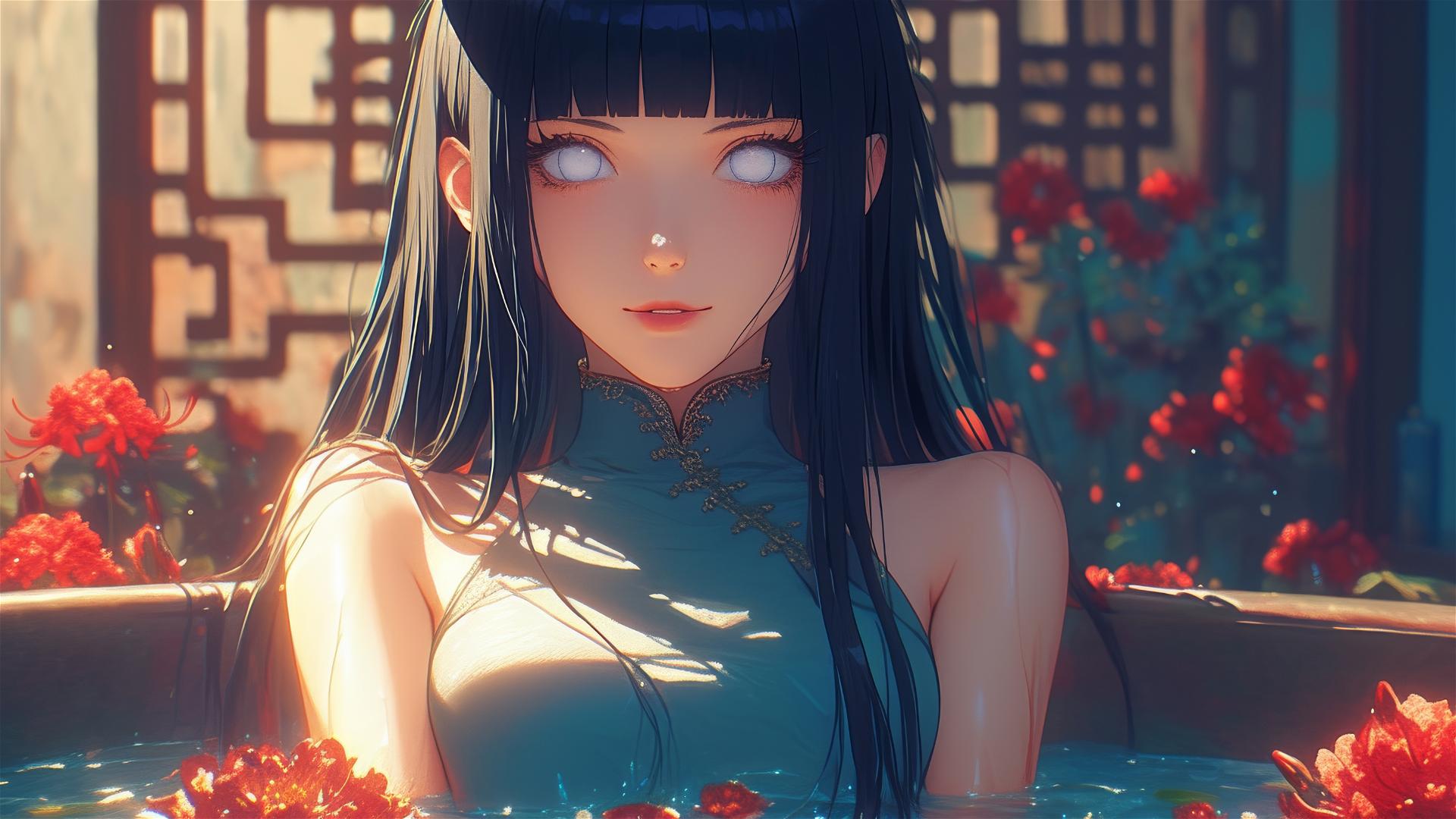 Hinata Hyuga in a flower-filled tub at a Chinese spa with white eyes
