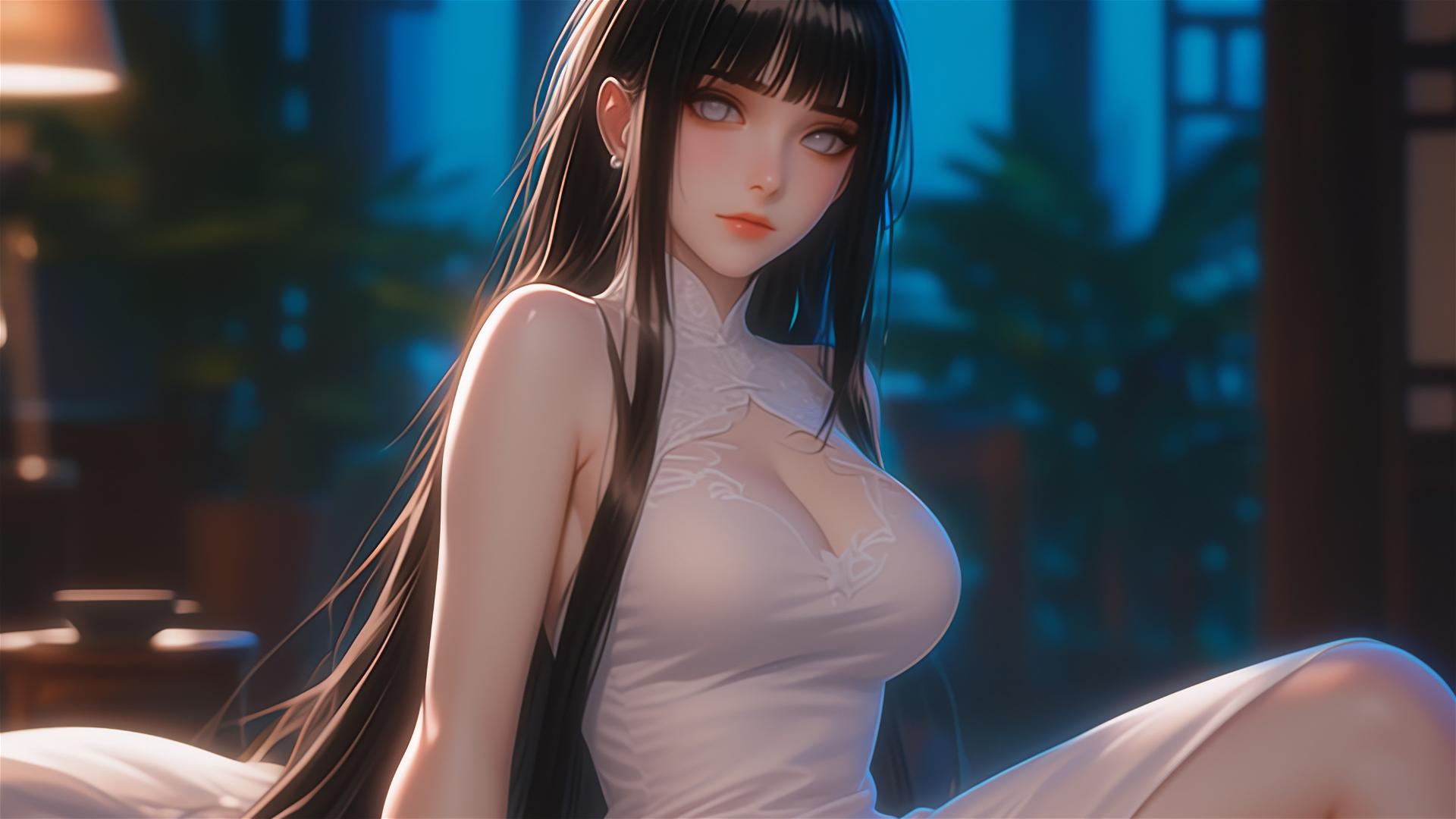 Hinata Hyuga sitting in modern apartment, warm light, white eyes, pure pink dress