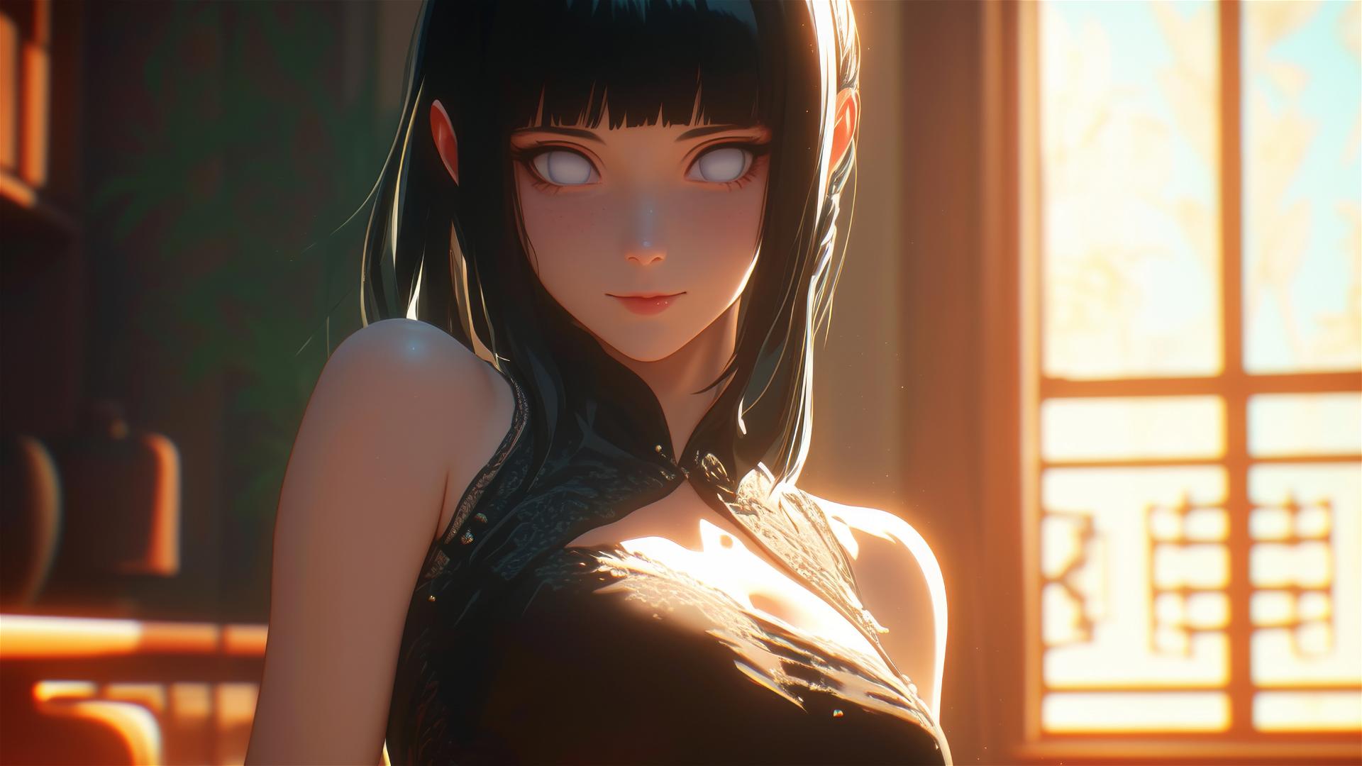Hinata Hyuga sitting in a modern hotel with warm light