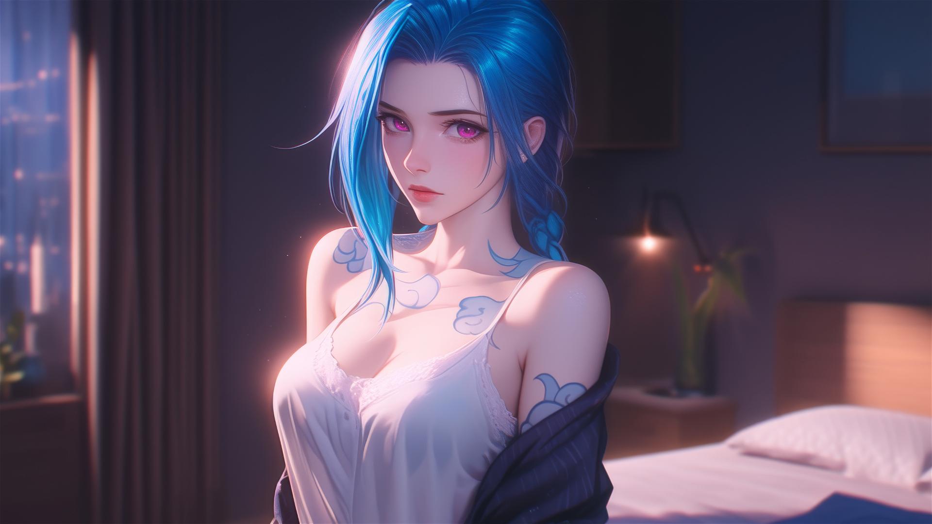 Full body shot of Jinx from League of Legends in silk pajamas with warm light