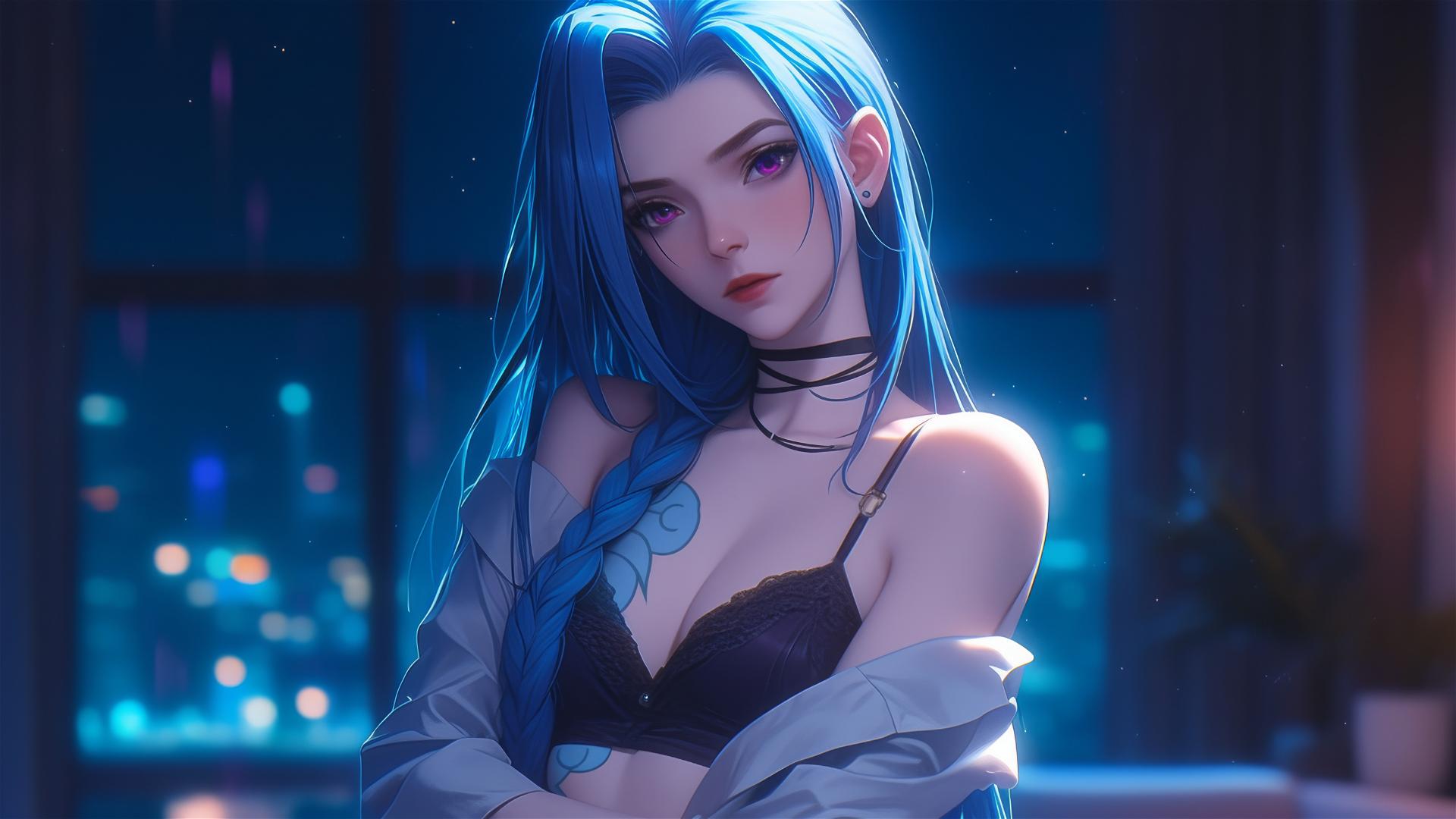 Jinx from League of Legends standing in an apartment with warm light