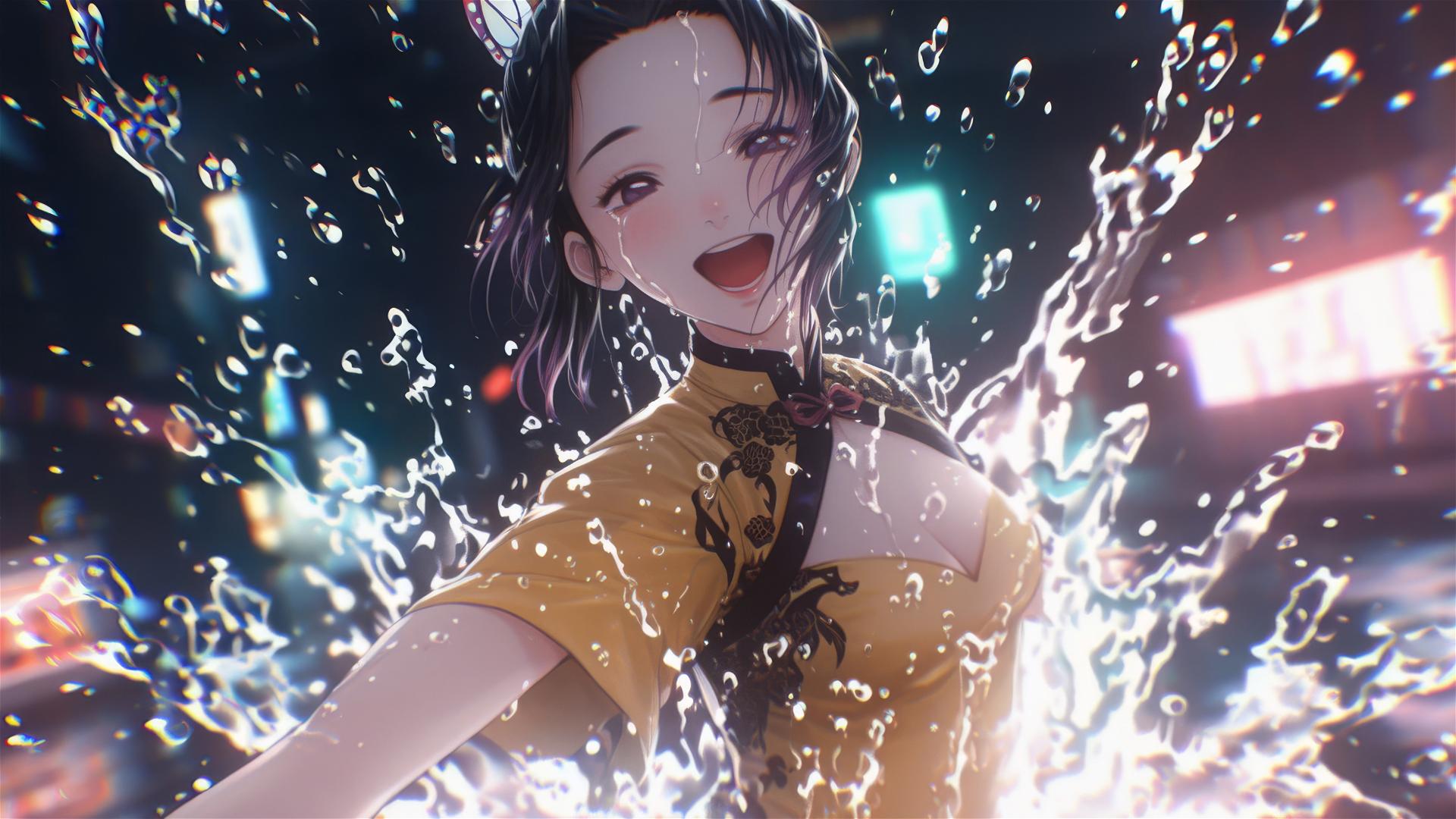 Shinobu Kocho from Demon Slayer in a tub full of flowers in a Chinese spa.