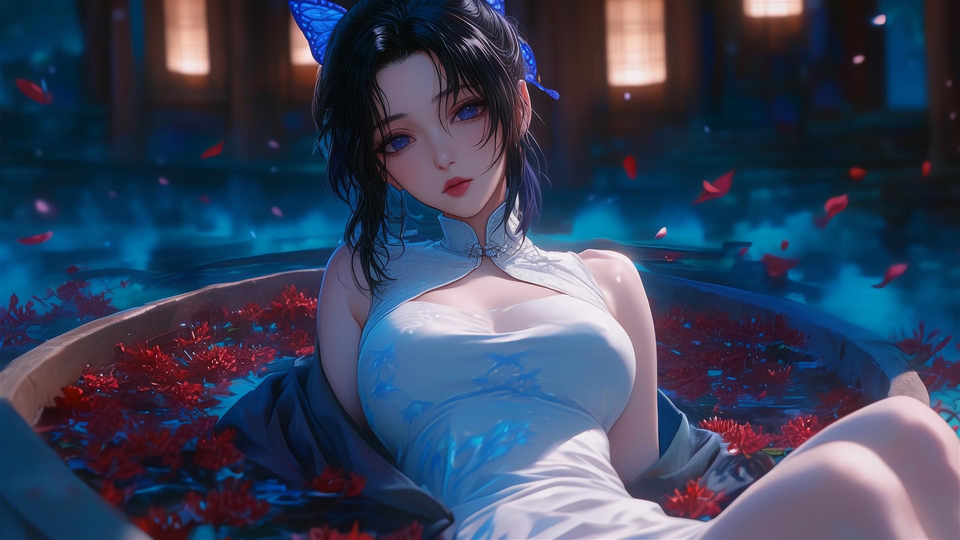 Shinobu Kocho in cheongsam in a flower-filled tub at a Chinese spa