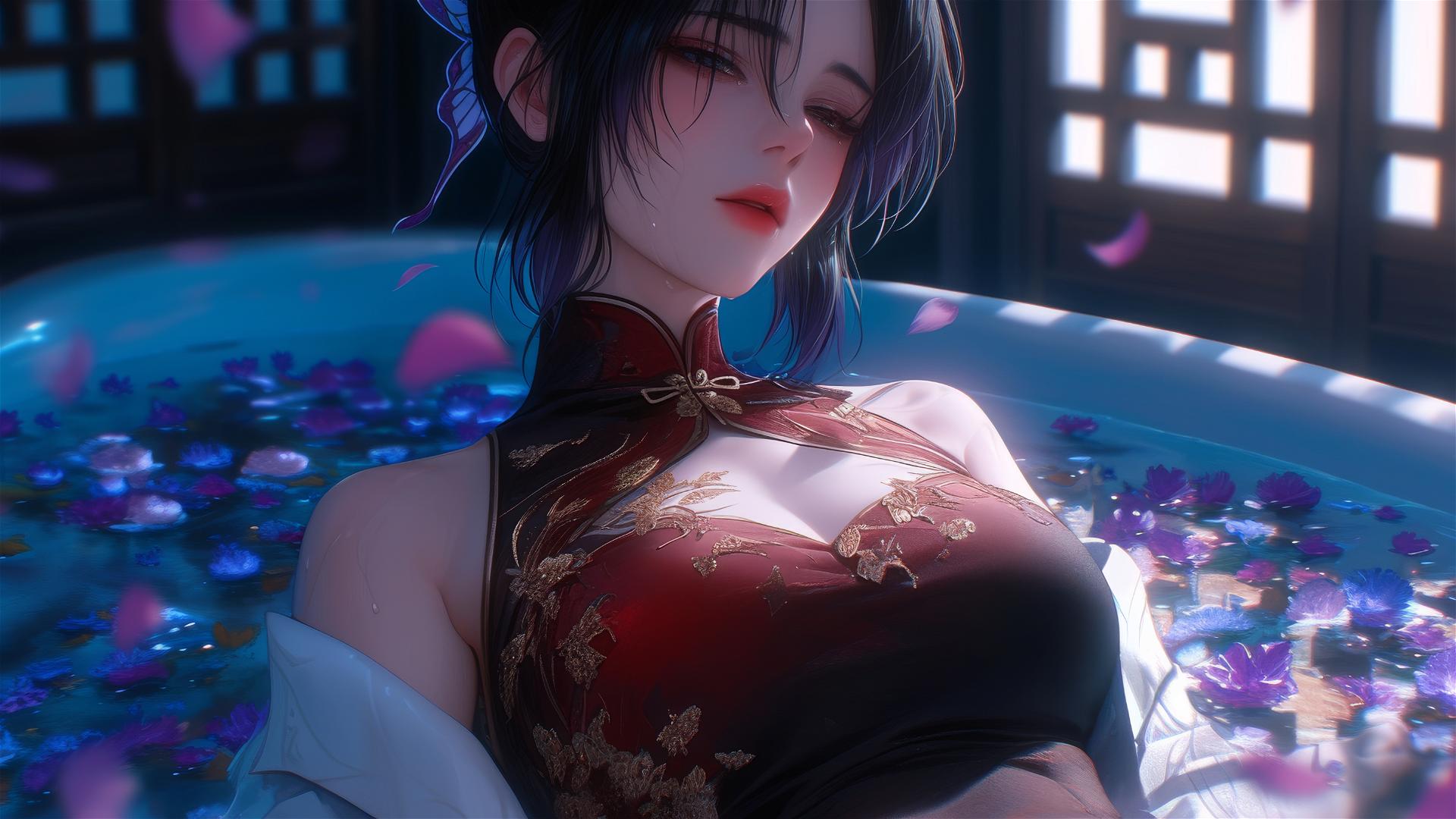 Shinobu Kocho in cheongsam in tub with flowers at Chinese spa