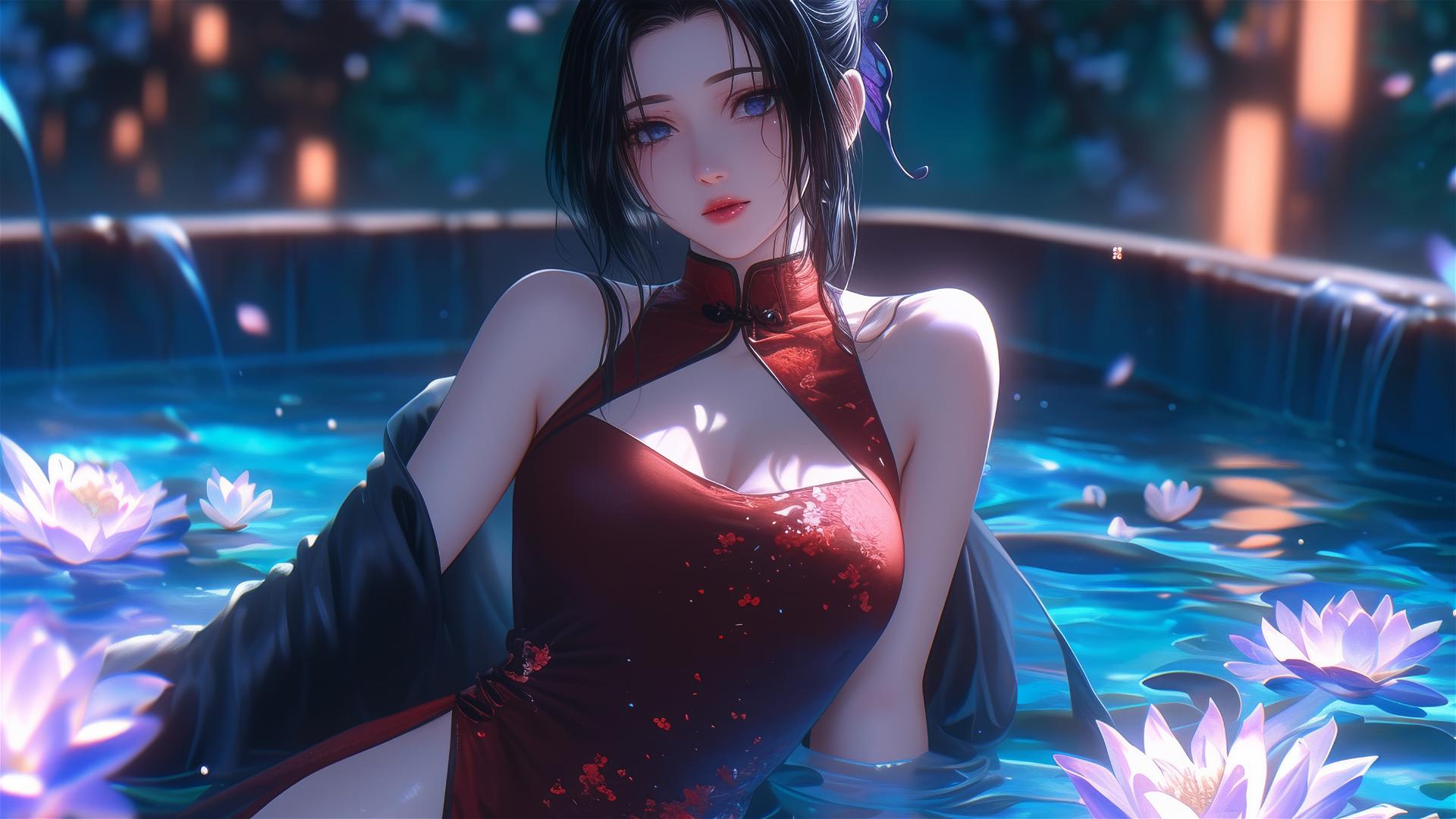 Shinobu Kocho from Demon Slayer in a cheongsam, sitting in a flower-filled tub at a Chinese spa