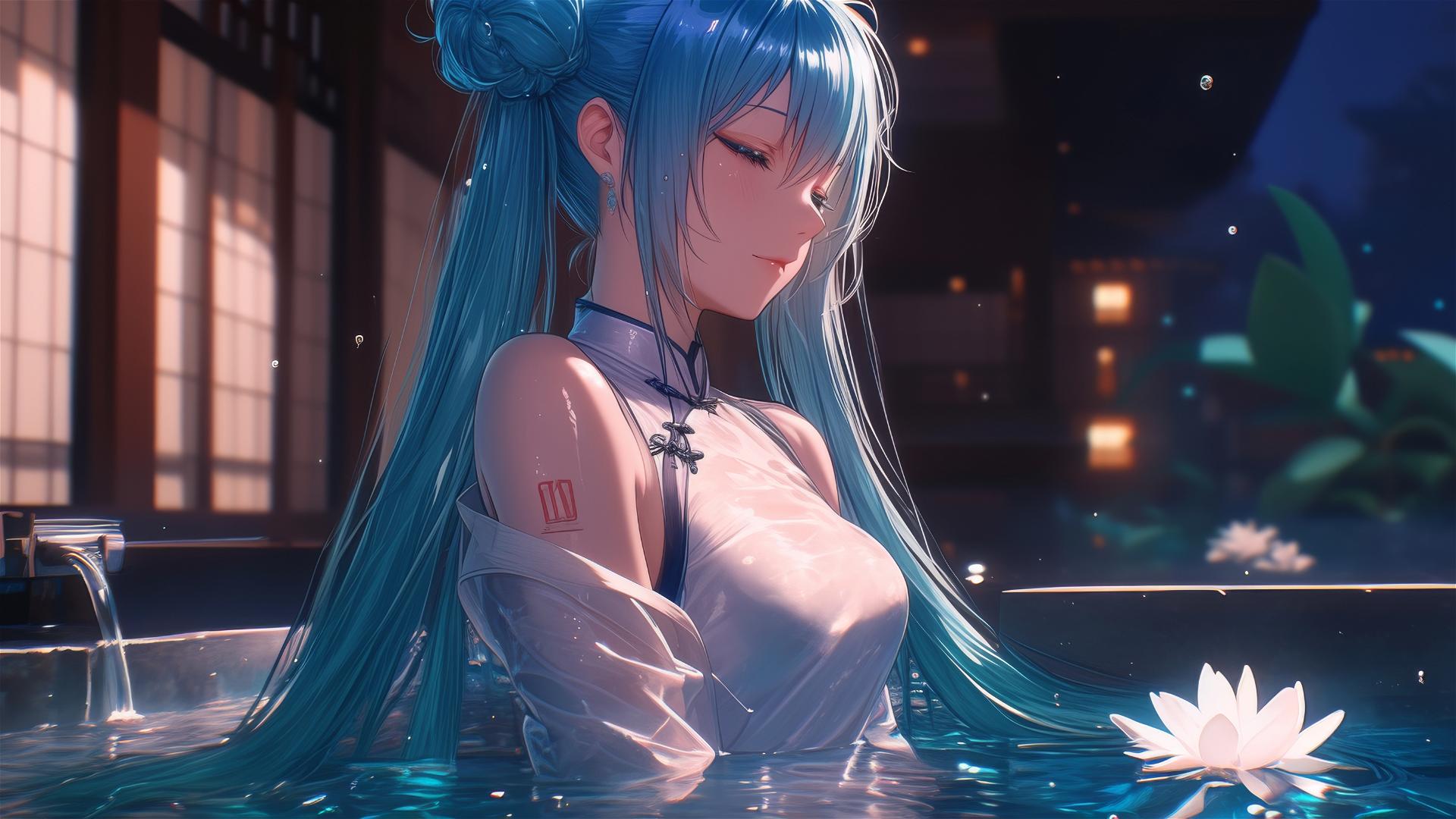 Hatsune Miku in a flower-filled tub at a Chinese spa