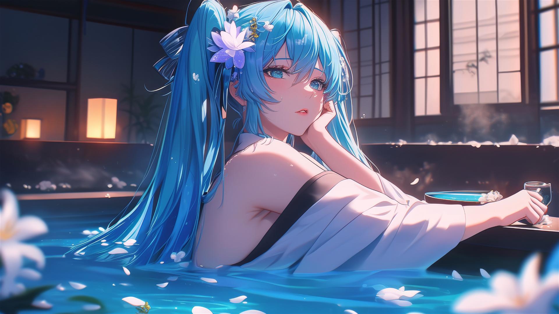 Hatsune Miku in a tub full of flowers at a Chinese spa