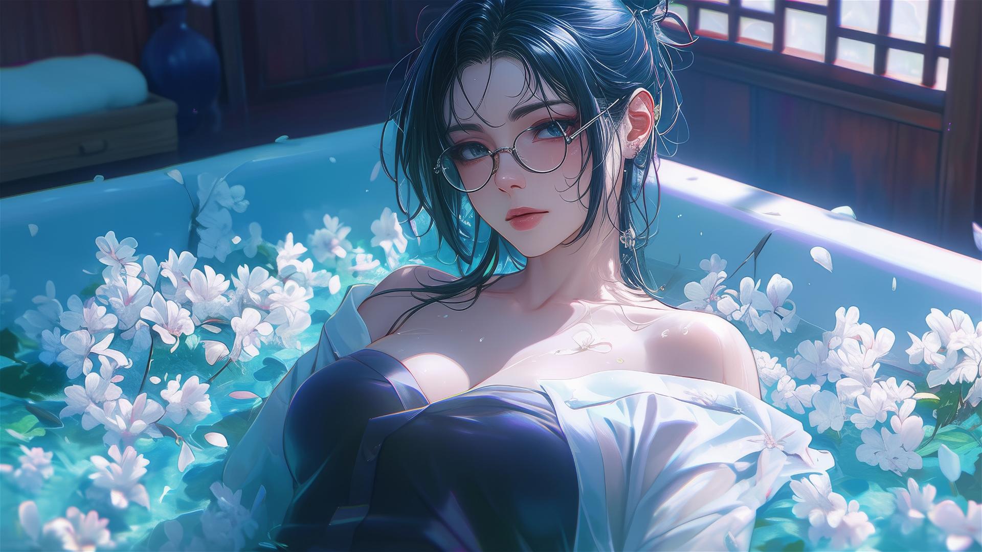 Maki Zenin from Jujutsu Kaisen in white pajamas, in a tub filled with flowers.