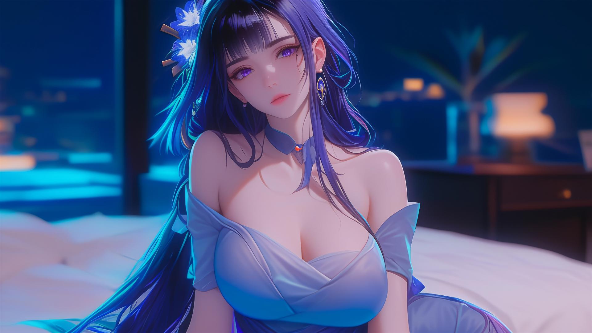 Raiden Shogun from Genshin Impact resting at a modern hotel under moonlight