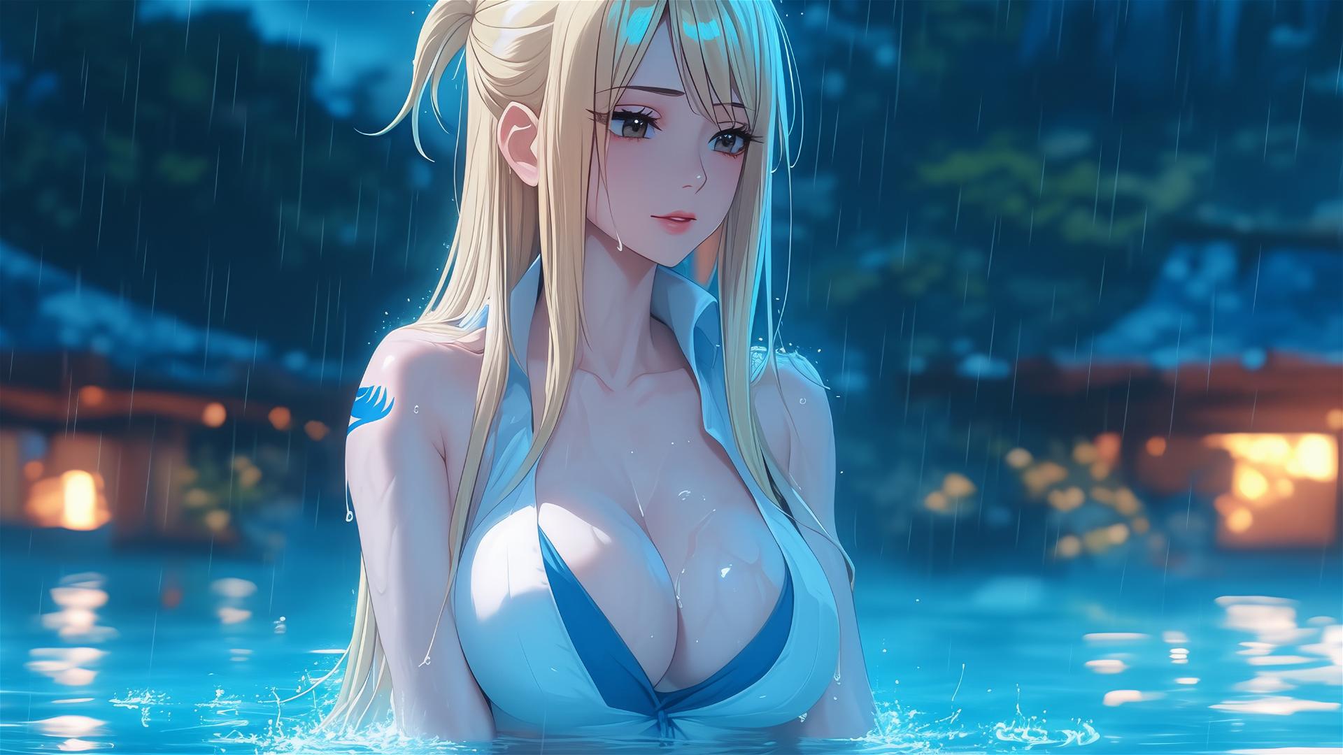 Lucy Heartfilia resting at a rainy swimming pool under moonlight
