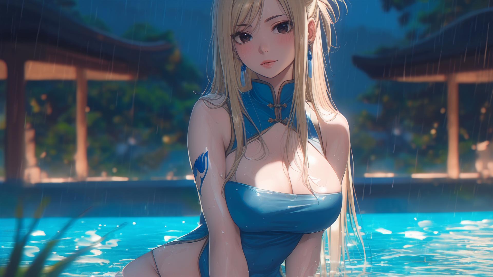 Lucy Heartfilia relaxing by a rainy swimming pool under moonlight