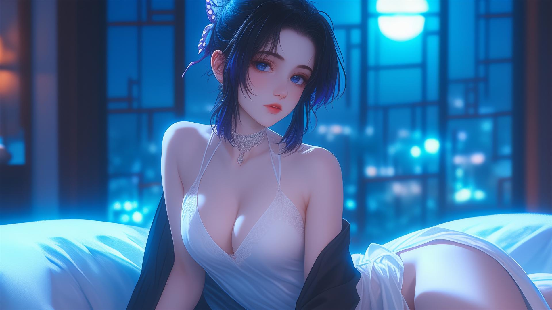 Shinobu Kocho from Demon Slayer resting in a modern hotel room with neon lights.