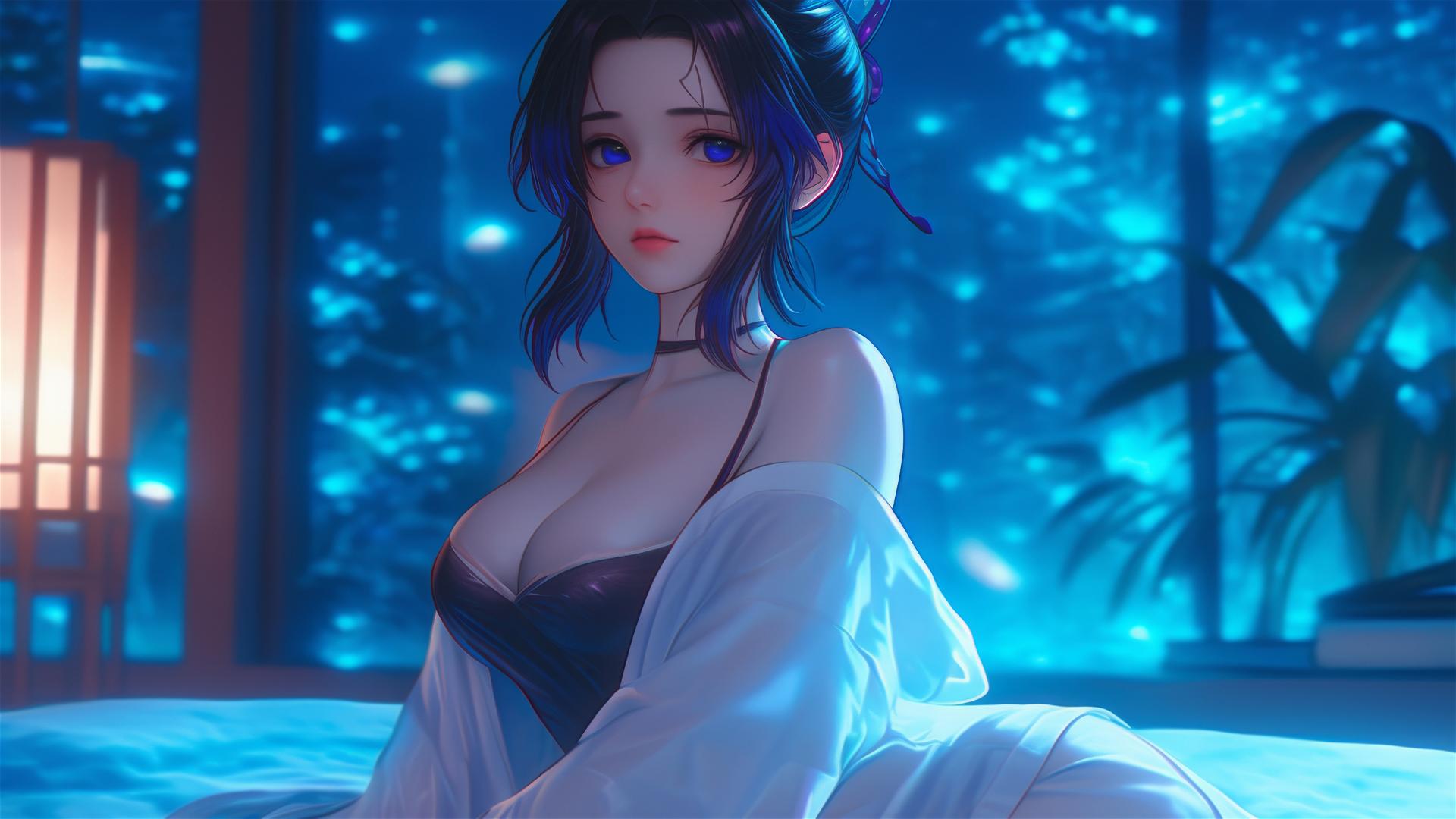 Shinobu Kocho from Demon Slayer rests in modern hotel room under moonlight glow