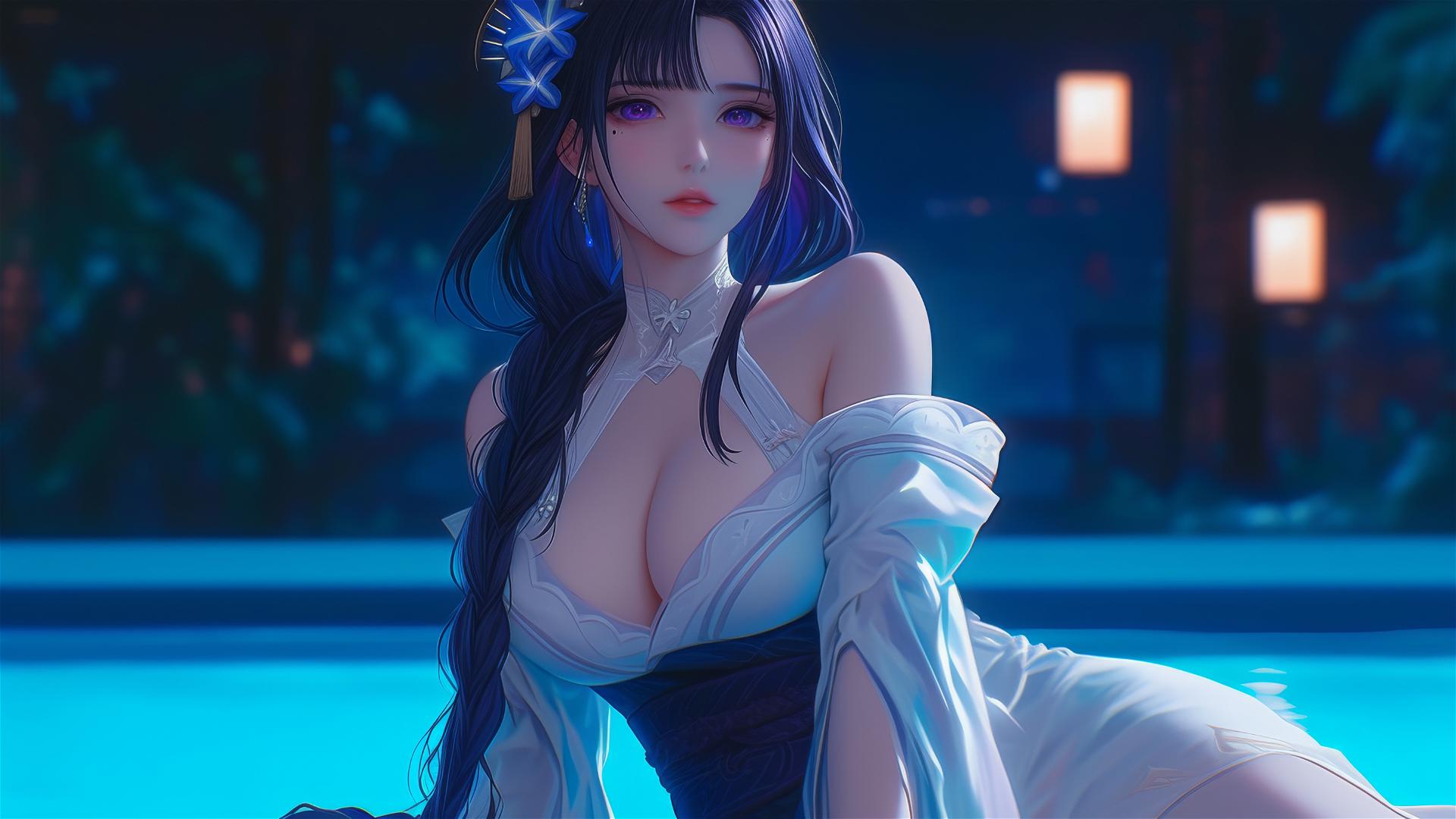 Raiden Shogun from Genshin Impact resting at modern hotel under moonlight.