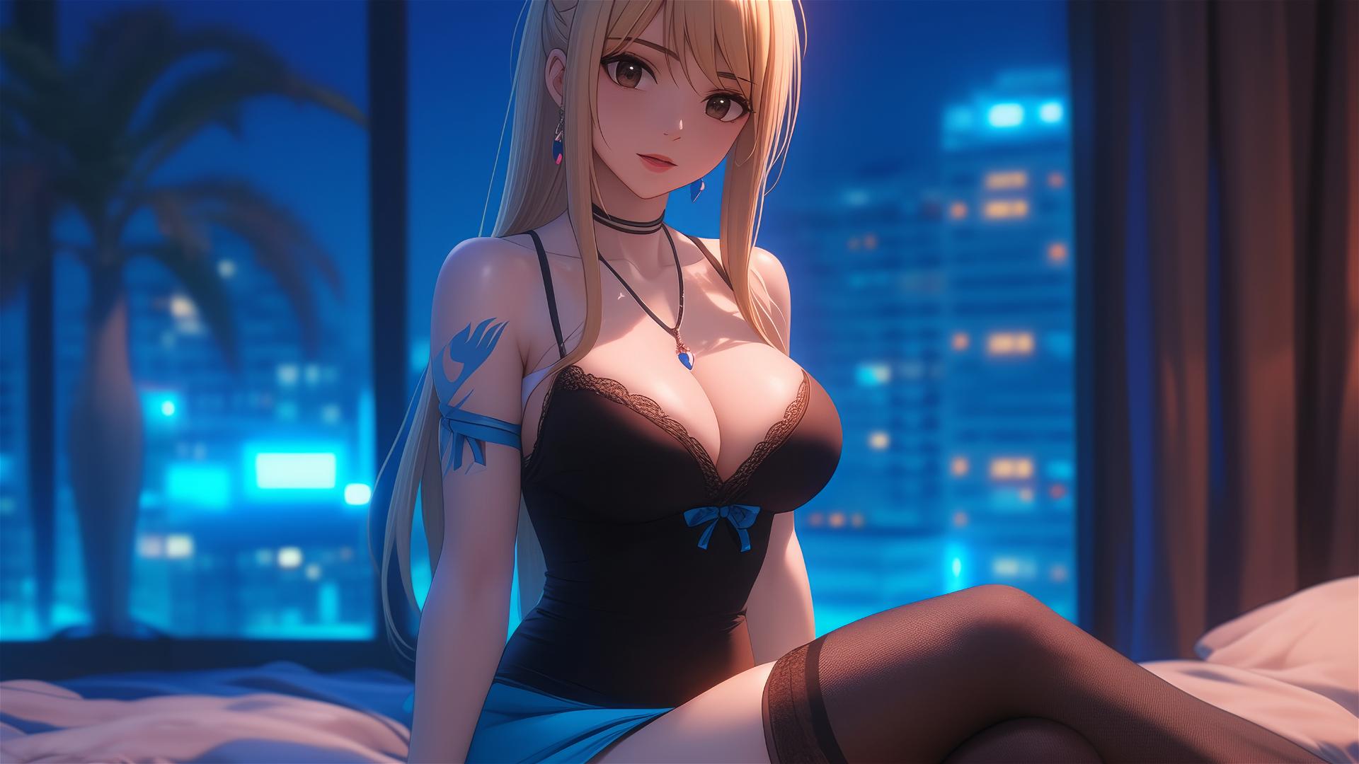 Lucy Heartfilia resting in a modern hotel room with moonlight glow