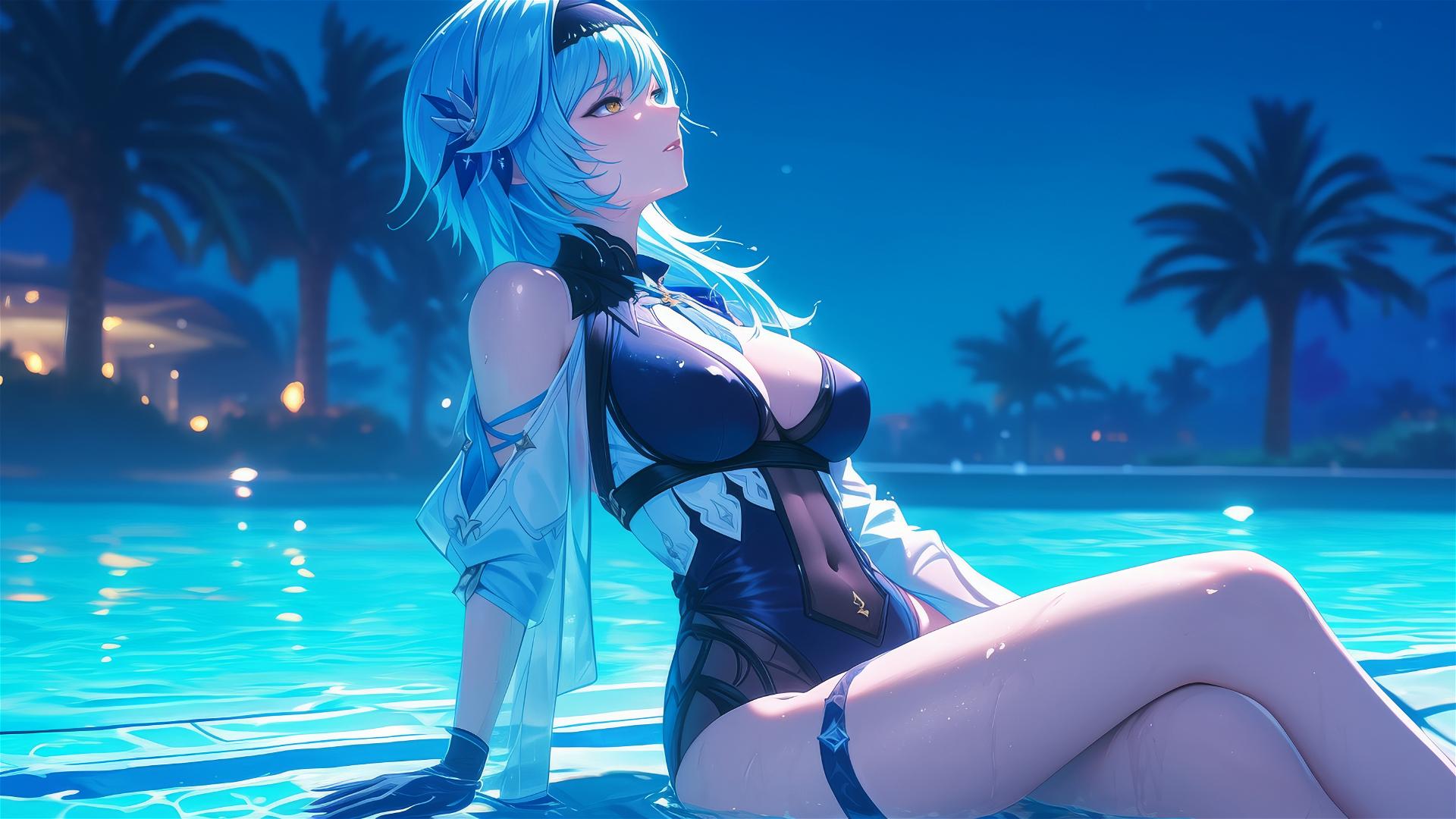 Eula Lawrence resting at swimming pool under moonlight
