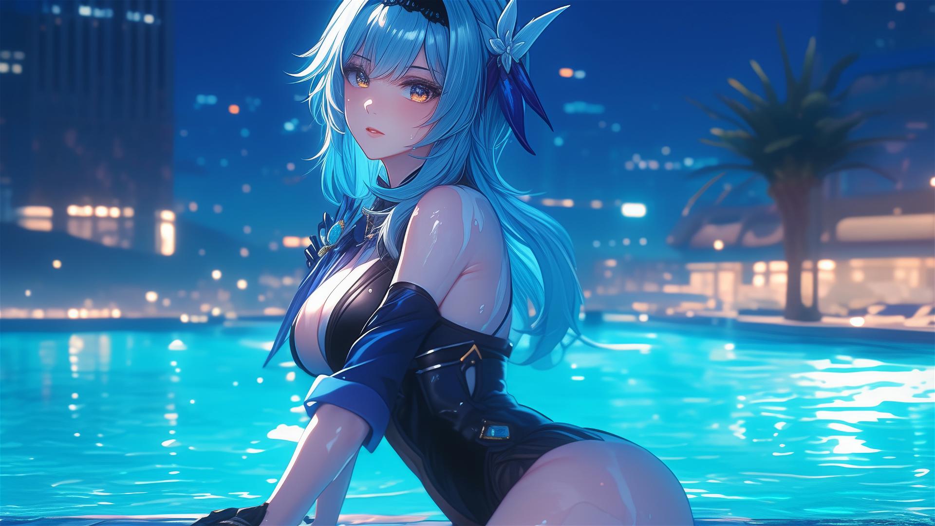 Eula Lawrence with light blue hair resting by a swimming pool under moonlight