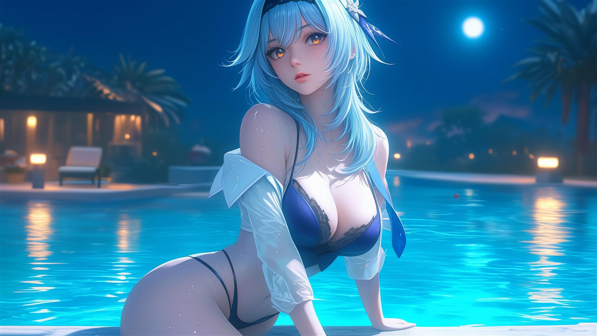 Eula Lawrence resting by a swimming pool under moonlight