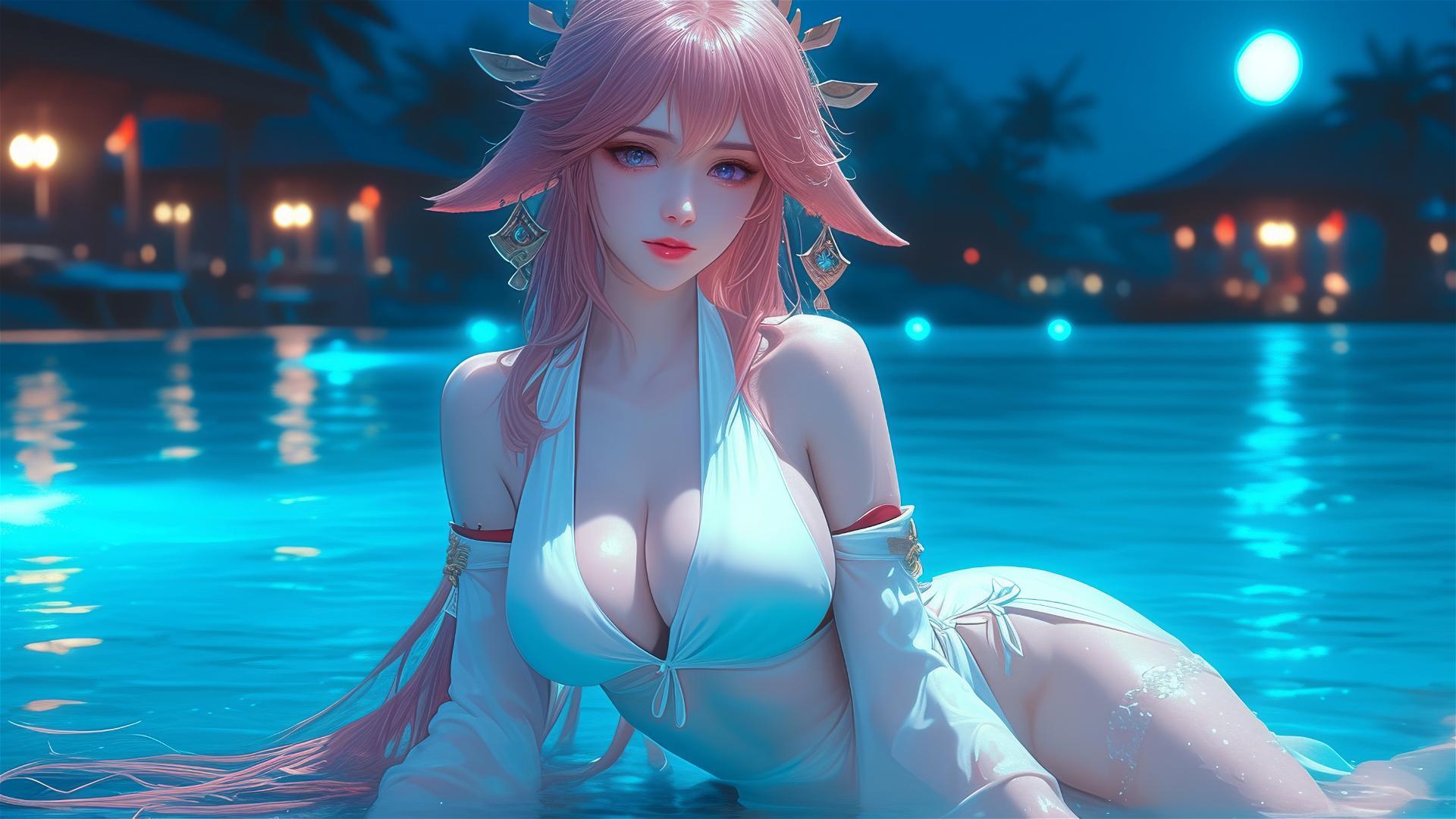 Yae Miko from Genshin Impact resting by a pool with moonlight glow