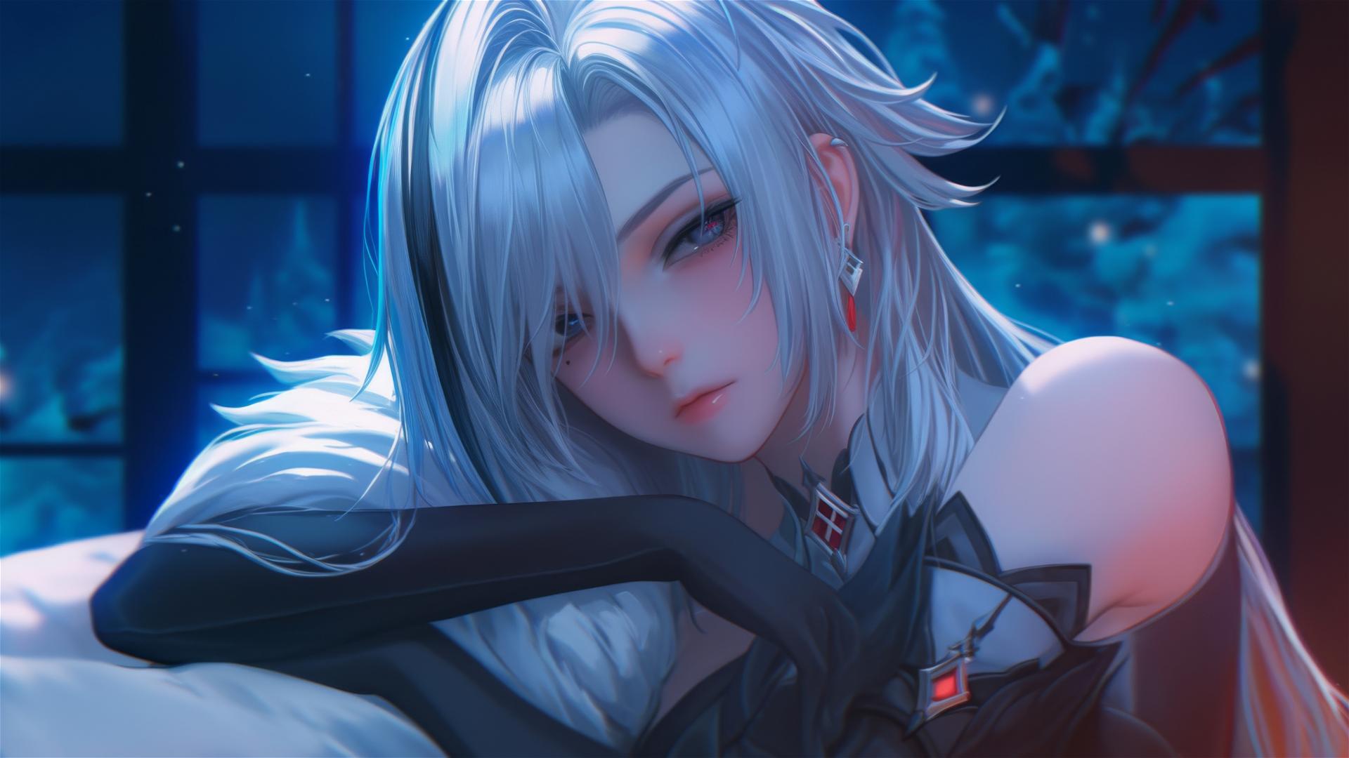Arlecchino from Genshin Impact, snow white hair with black streaks, resting in modern hotel room with moonlight glow