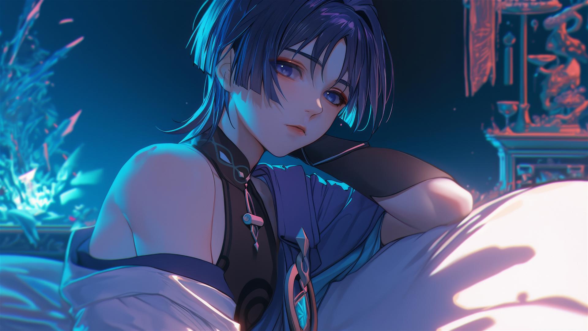 Scaramouche from Genshin Impact, thin with indigo hair, resting in warm light.