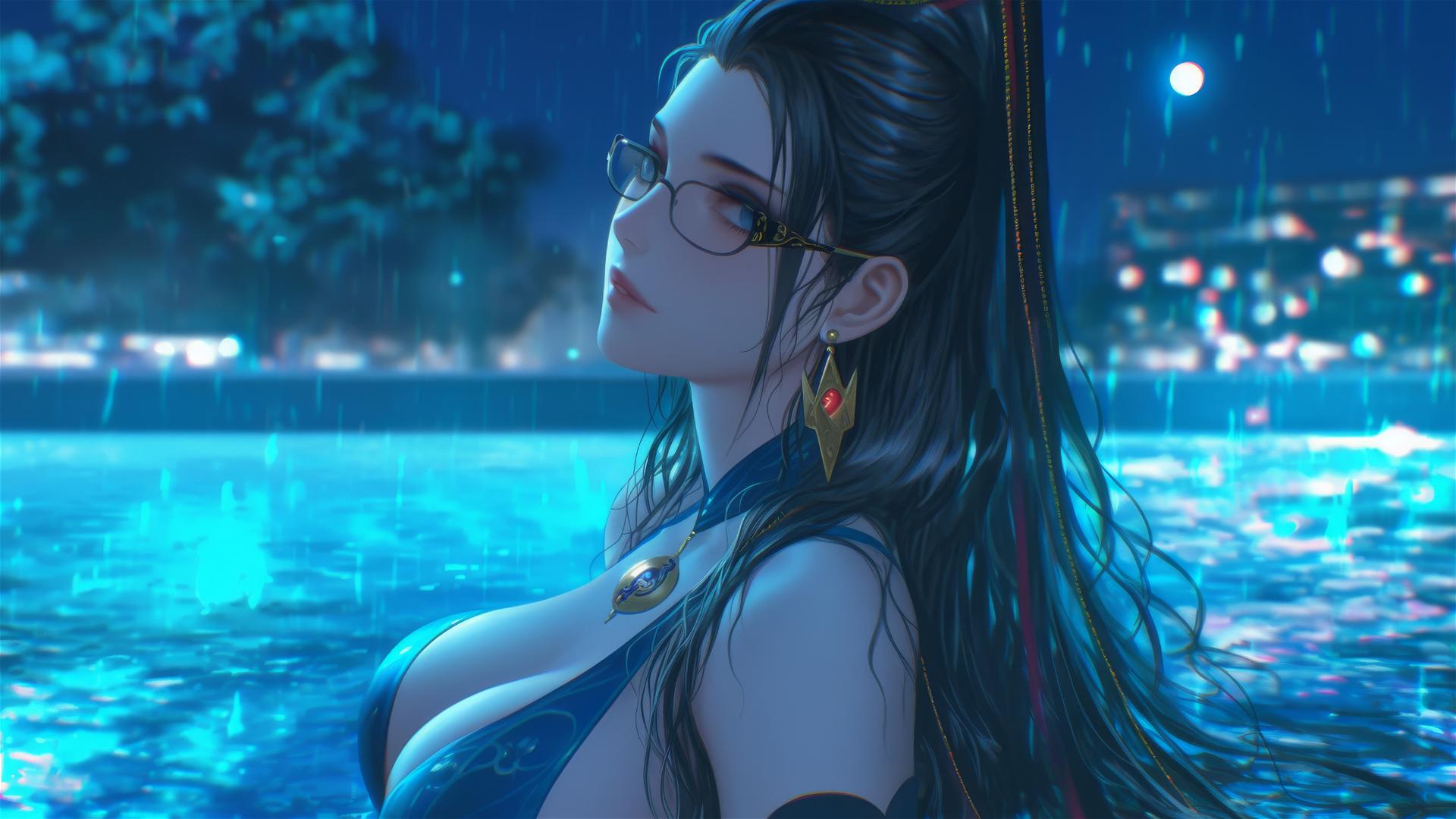 Bayonetta resting at a rainy swimming pool with moonlight casting a glow