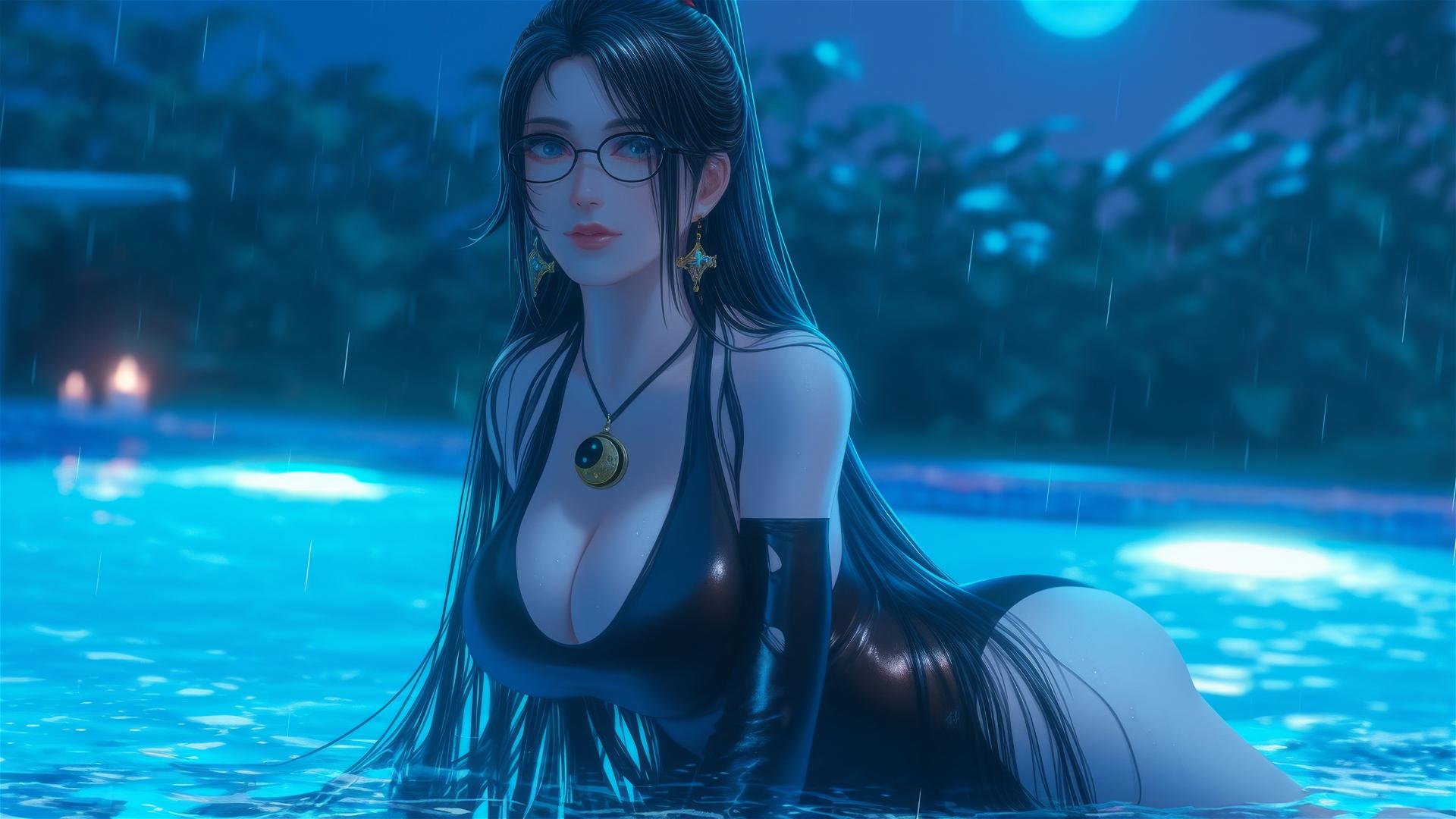 Bayonetta resting at a rainy swimming pool under moonlight.