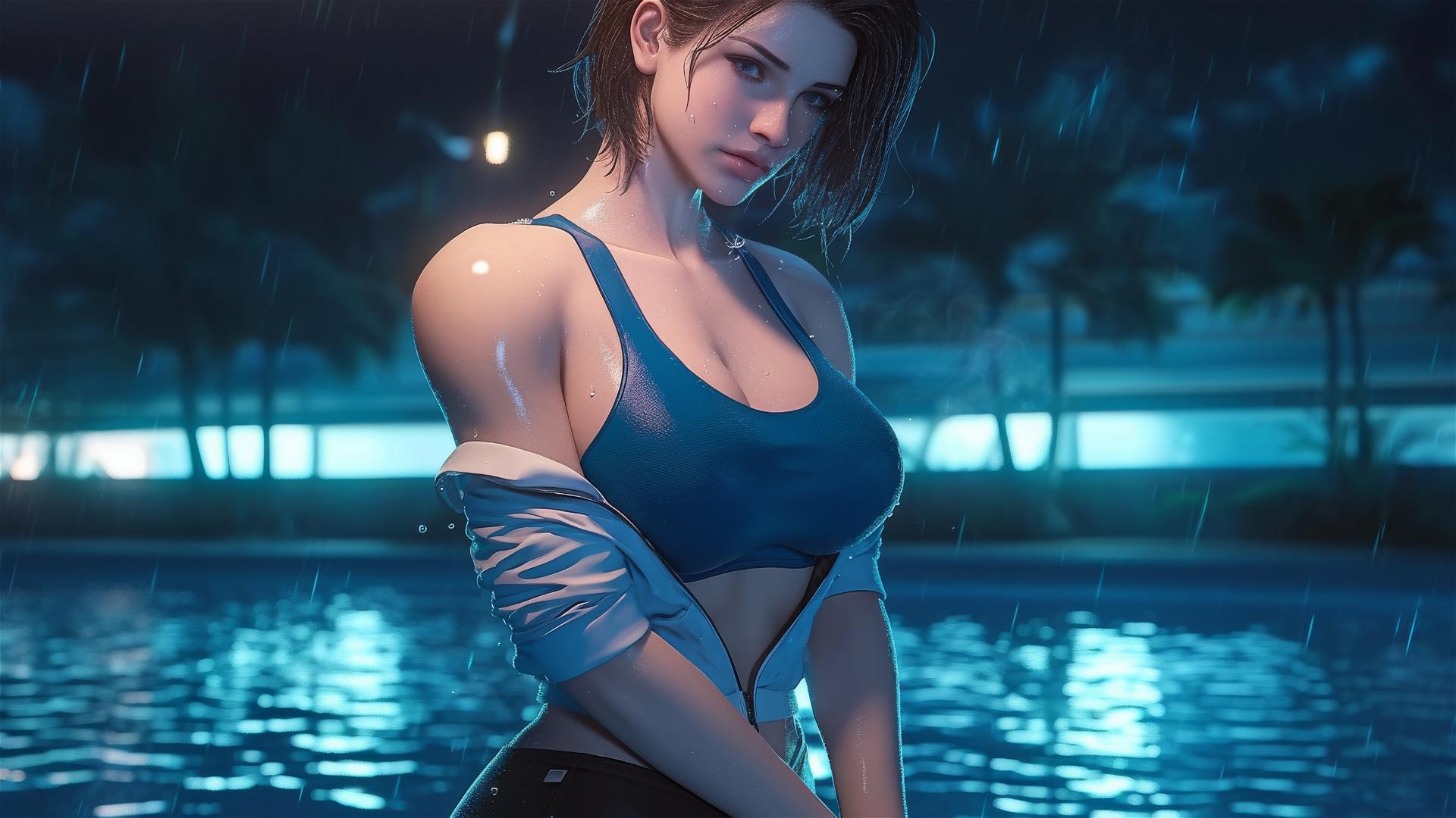 Jill Valentine from Resident Evil exhausted by the swimming pool at night