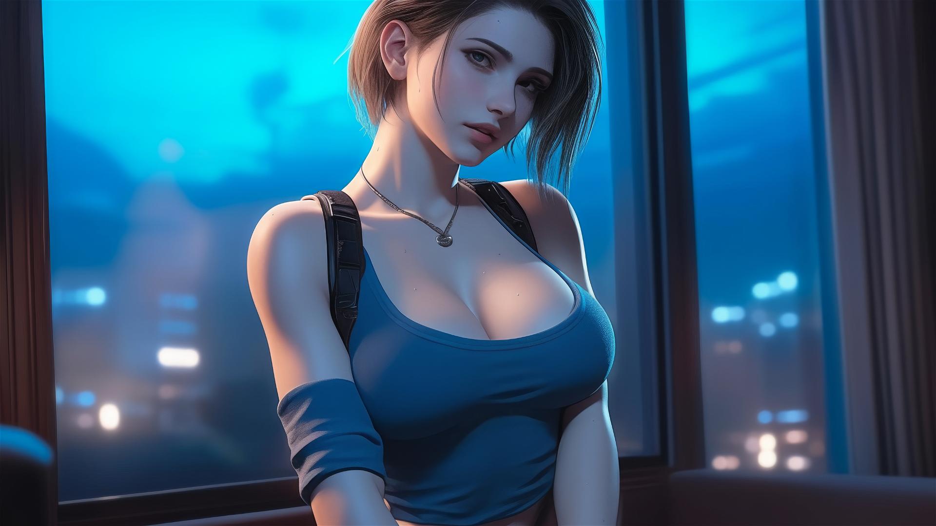 Jill Valentine panting heavily, drenched in sweat, in a modern hotel room, moonlight glow