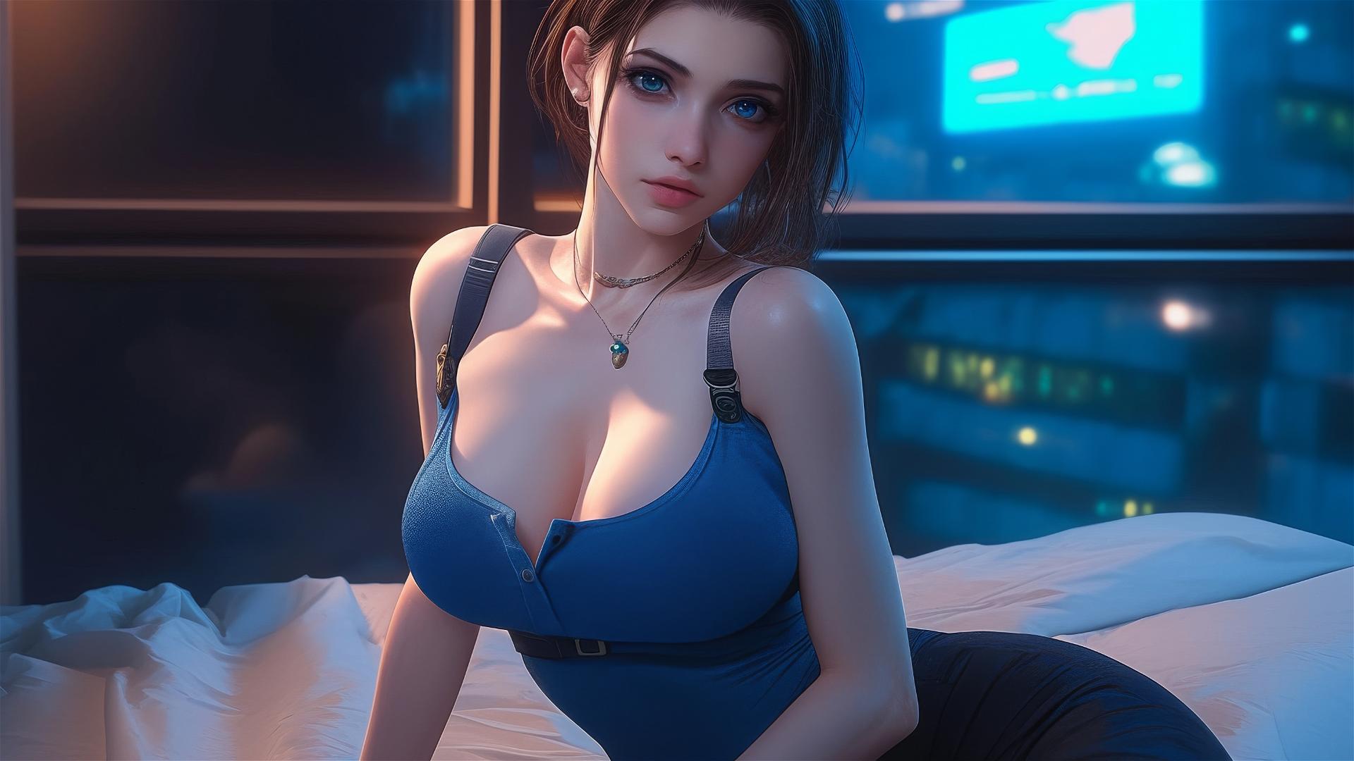 Jill Valentine resting in modern hotel room with moonlight glow