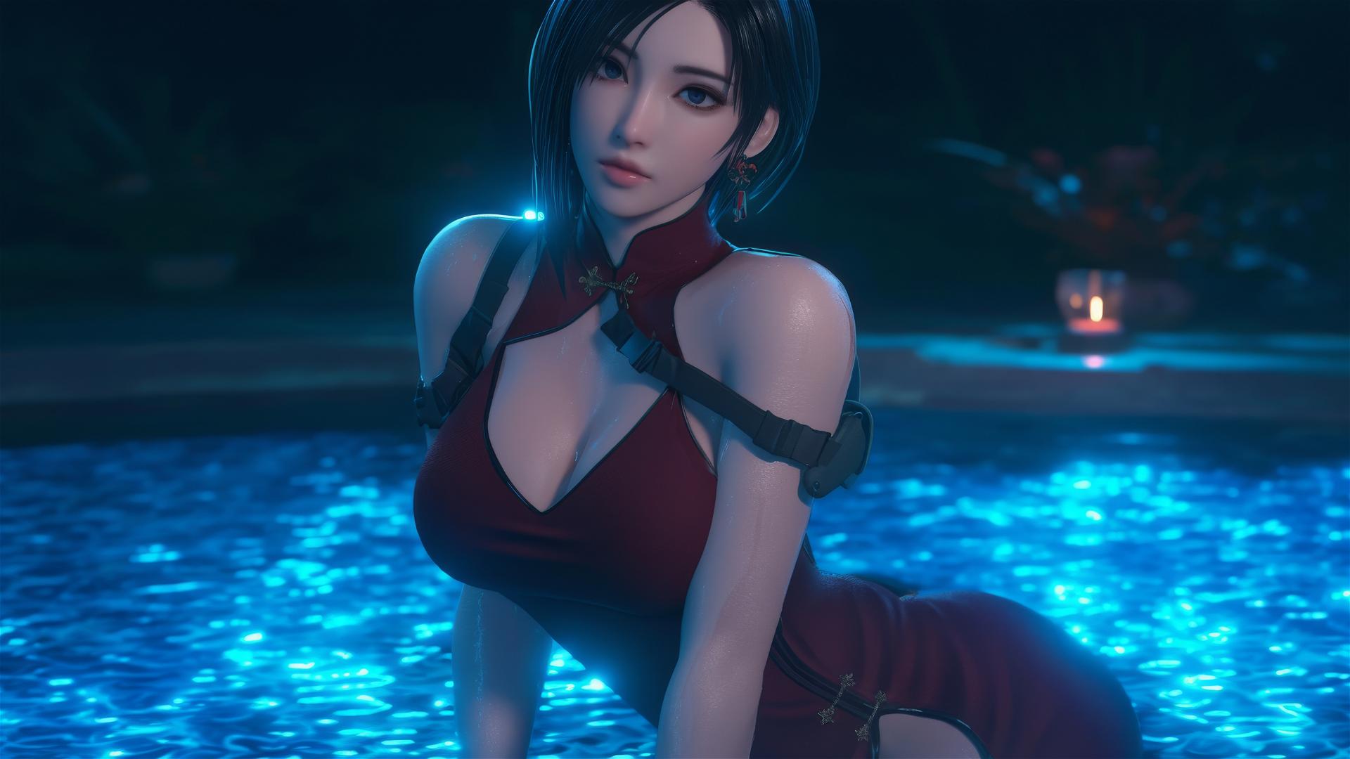 Ada Wong resting at a rainy swimming pool with moonlight glow