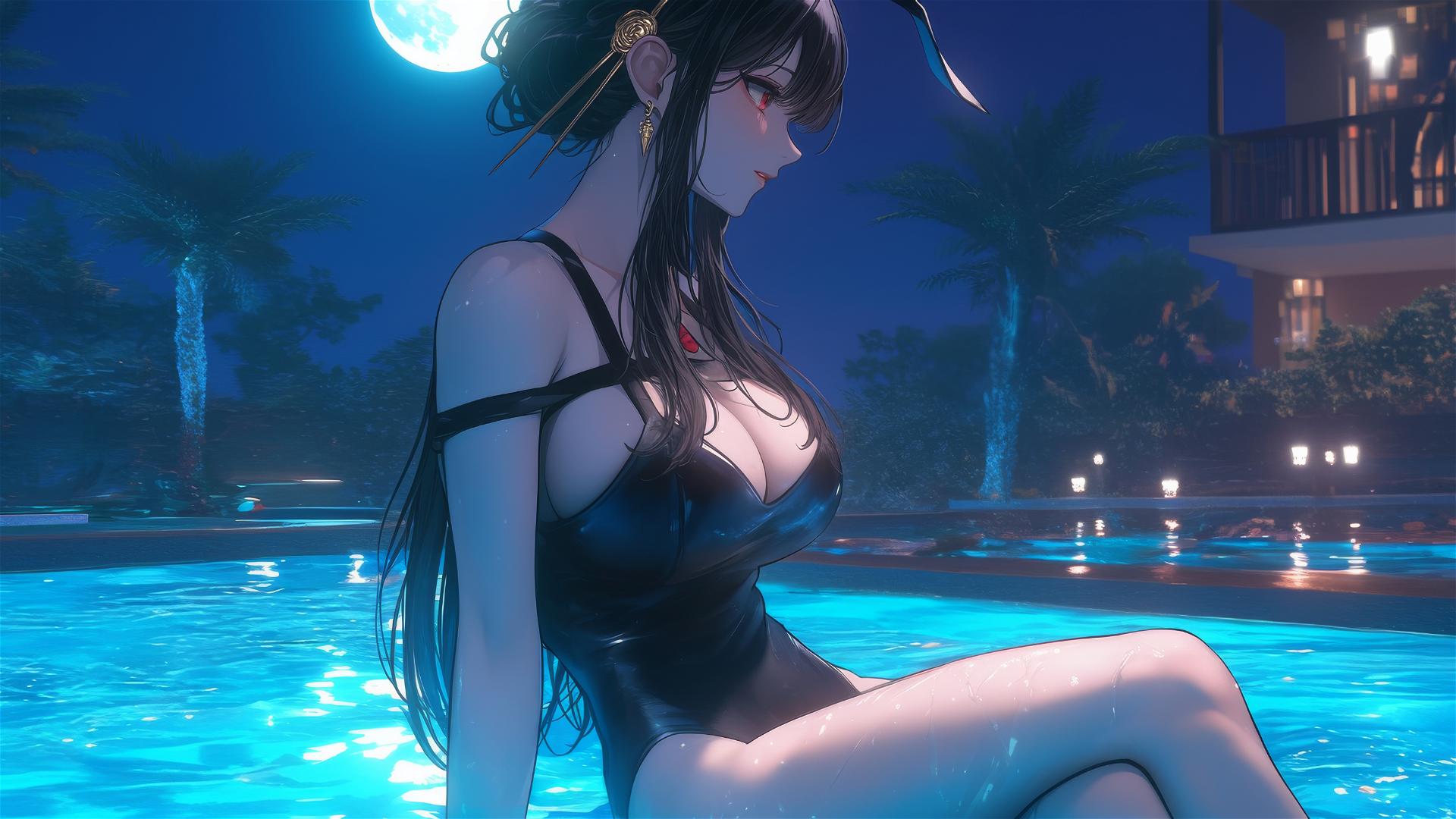 Yor Forger in bunny girl style resting by the pool under moonlight