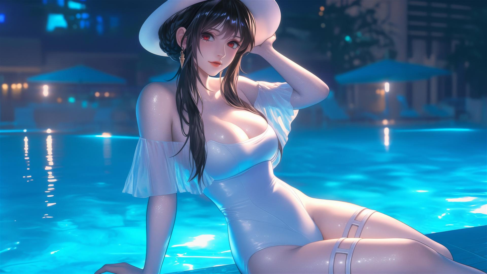 Yor Forger in bunny girl outfit by moonlit pool