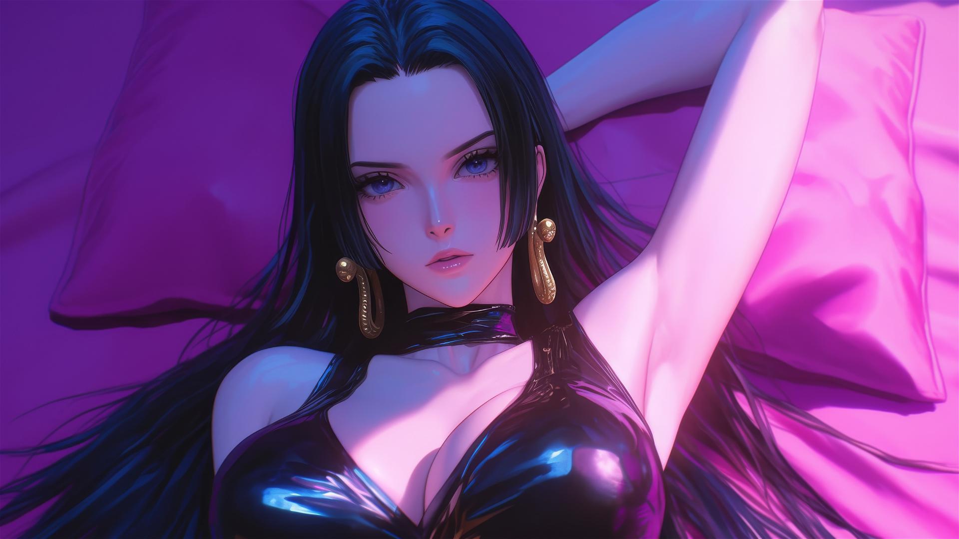 Boa Hancock from One Piece in bed, wearing black and pink leather, long hair, gold earrings, neon colors, pink background