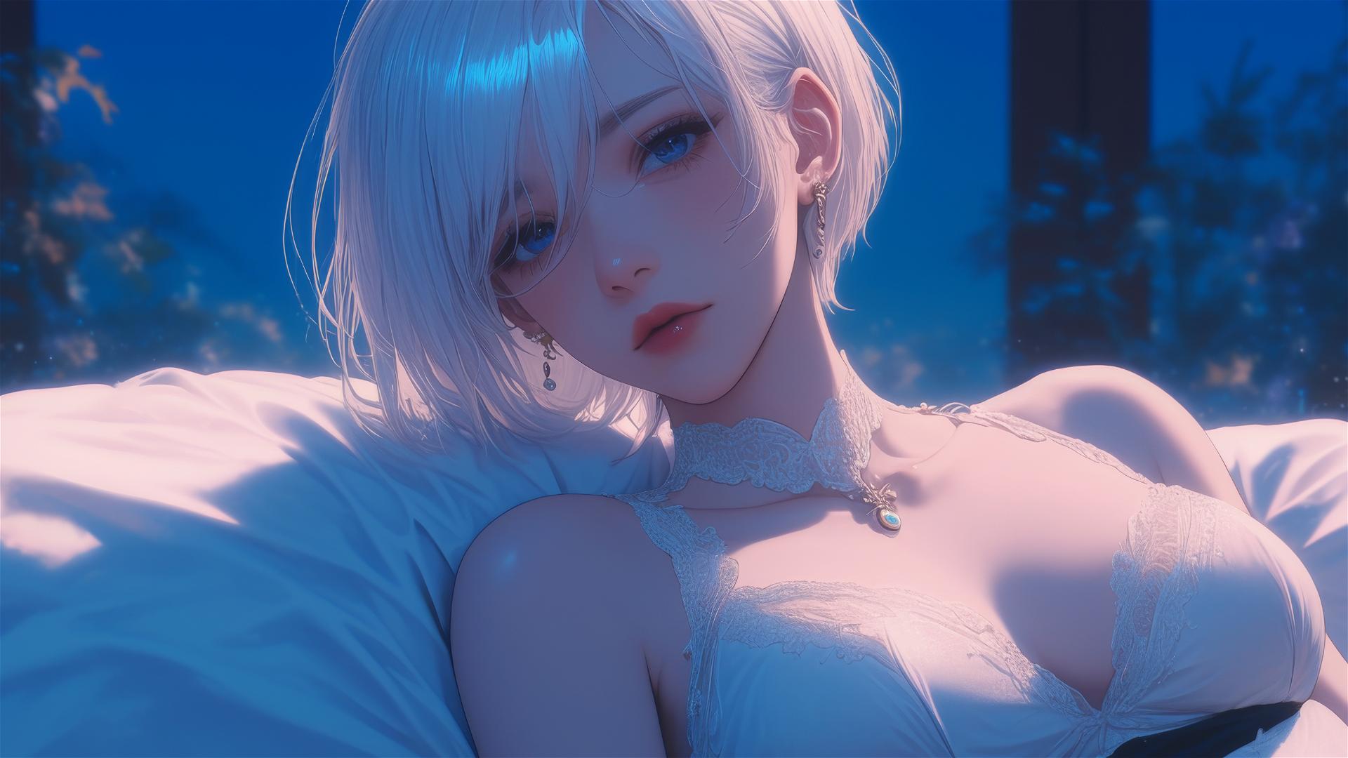 2B from Nier in pink, resting by a rainy pool with moonlight