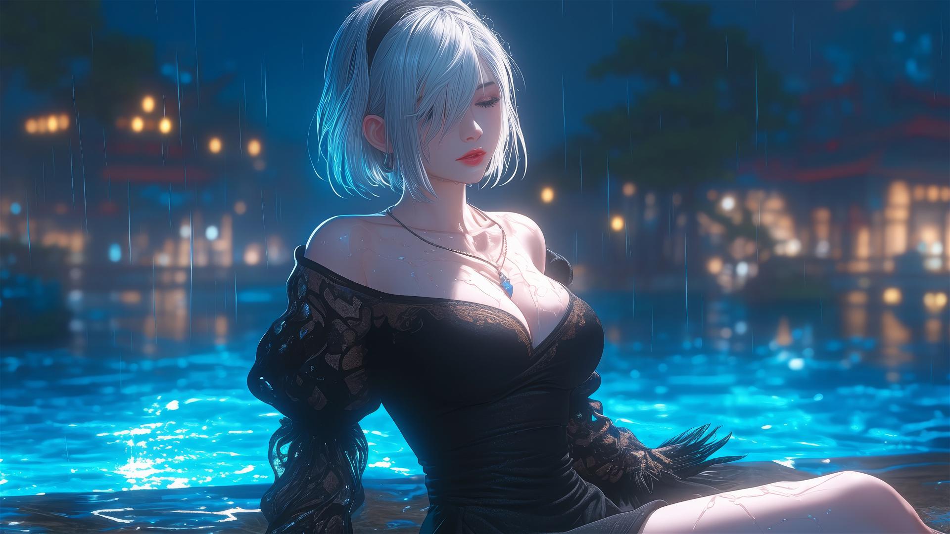 2B from Nier in casual attire, relaxed posture, sitting by a rainy pool with moonlight glow.